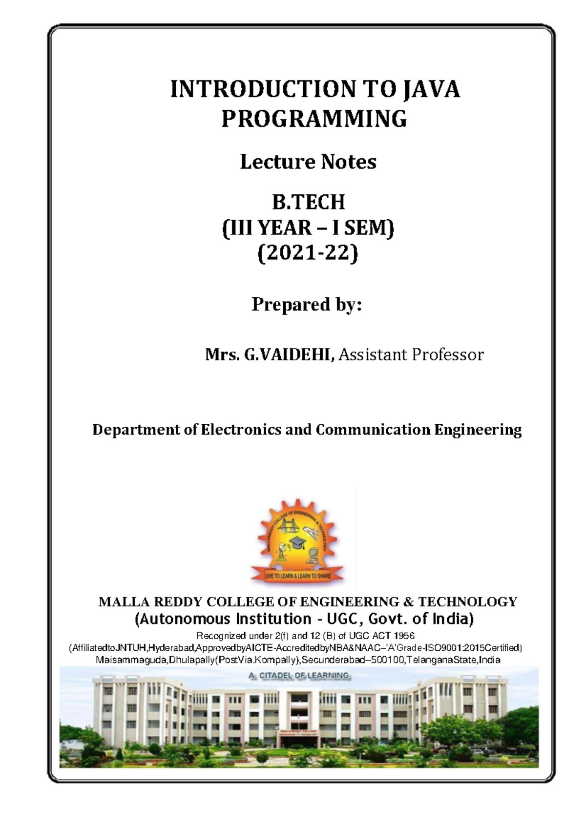 Java - ..... - INTRODUCTION TO JAVA PROGRAMMING Lecture Notes B (III ...