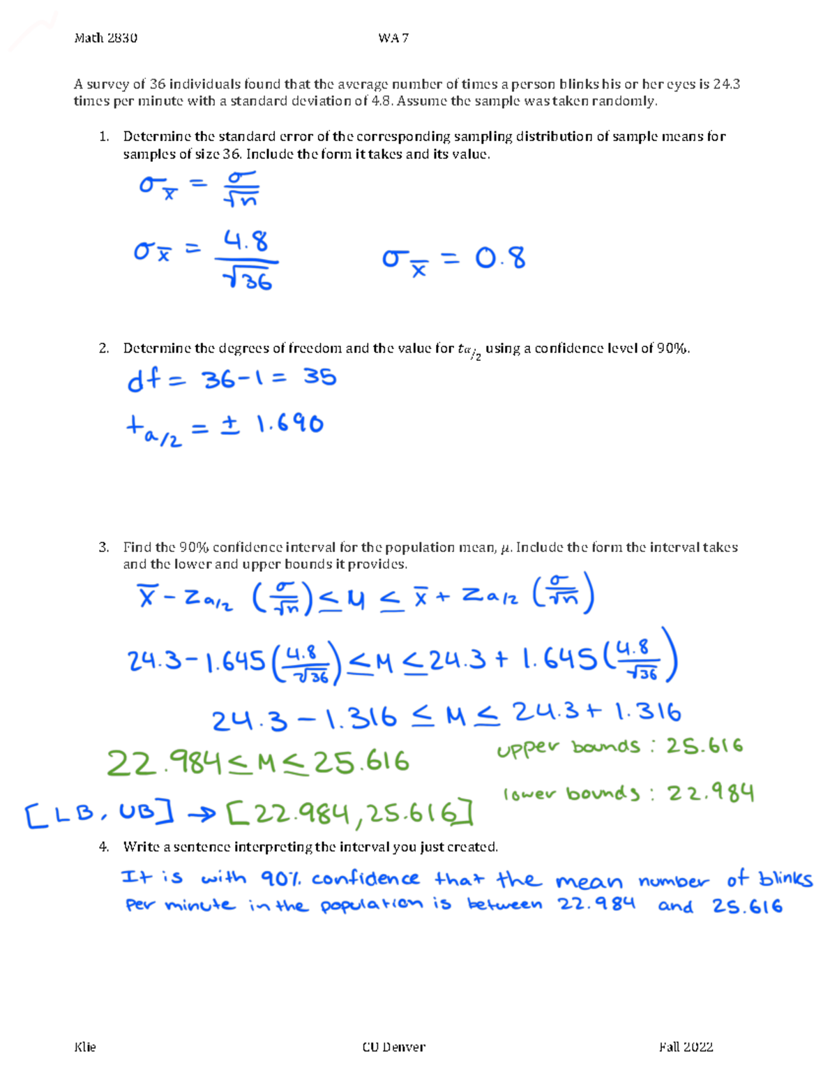 Week 7 homework - Professor Daniel Klie - Math 2830 WA 7 Klie CU Denver ...