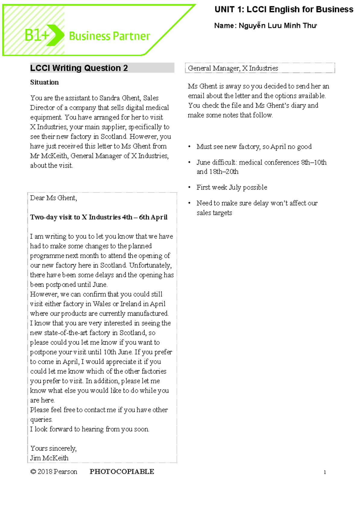 B1+ U1 Writing Practice 2 - LCCI Writing Question 2 Situation You are ...
