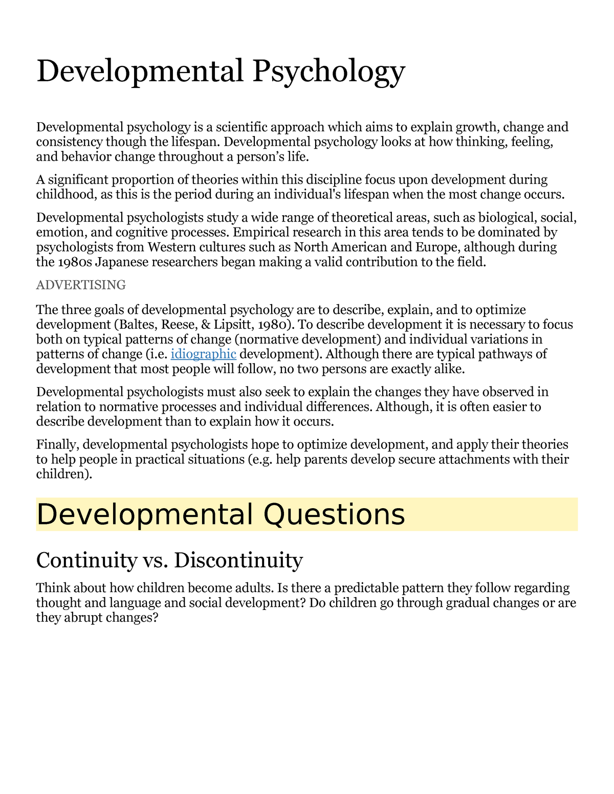 Developmental Psychology - Developmental Psychology Developmental ...