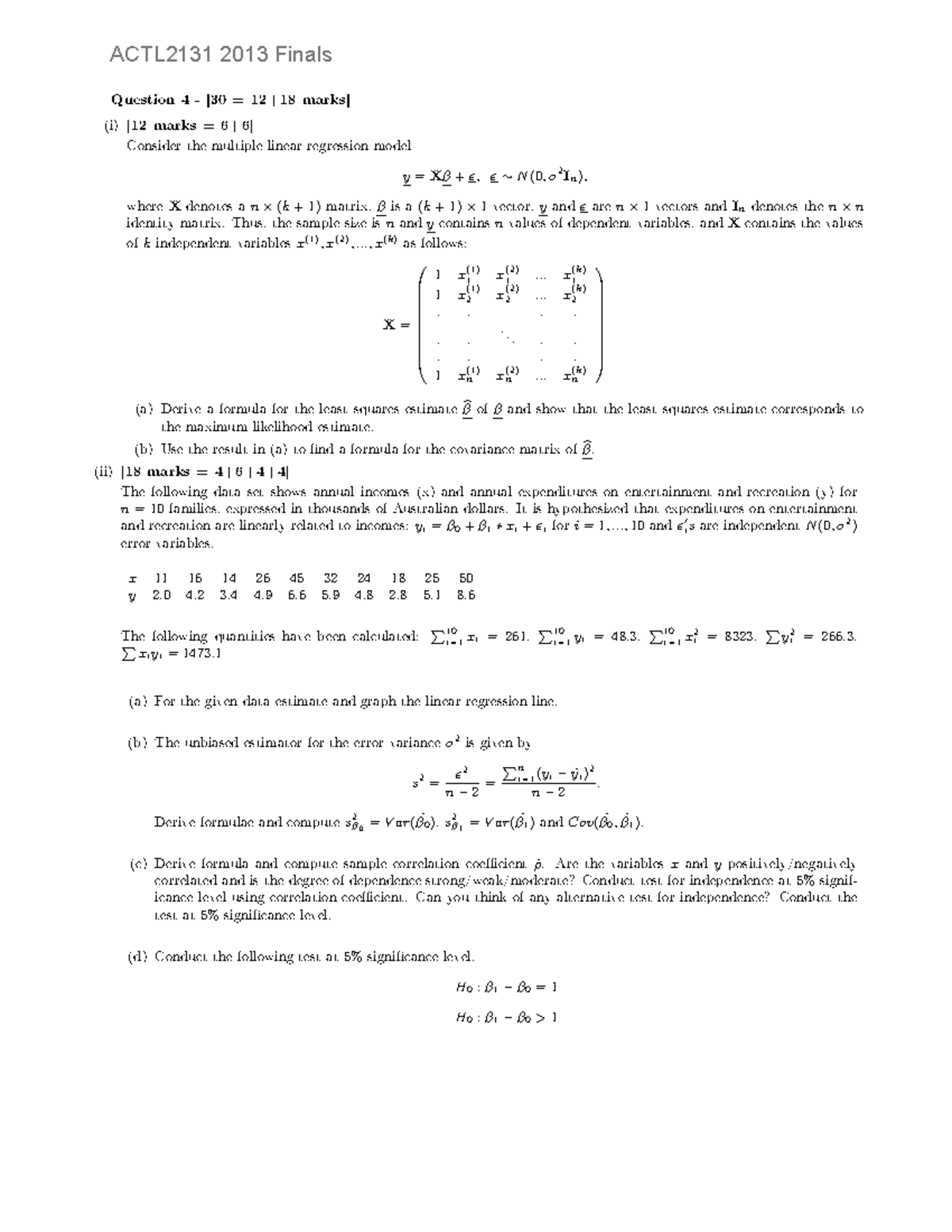 Past.exam.questions.from.ACTL2131.on.Linear.Regression Question 4
