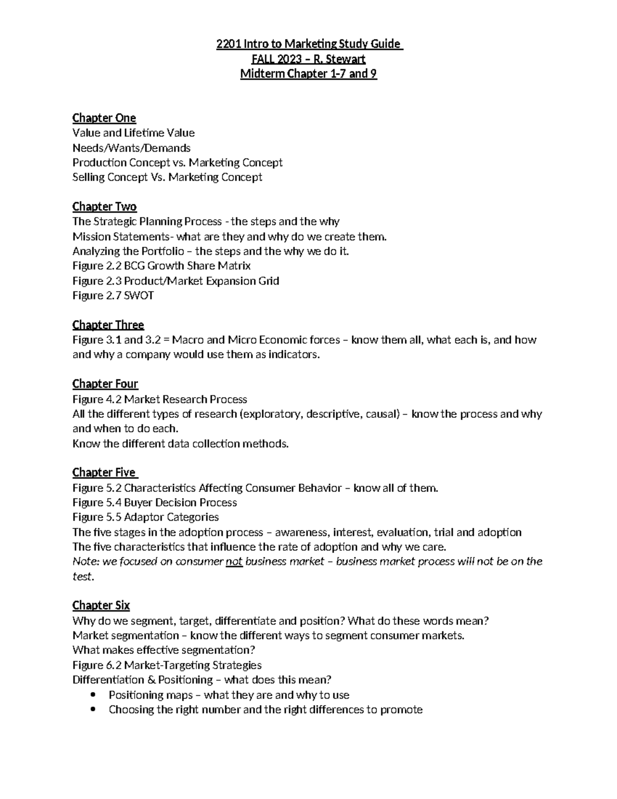 Midterm Study Guide Spring 2024 - 2201 Intro to Marketing Study Guide ...
