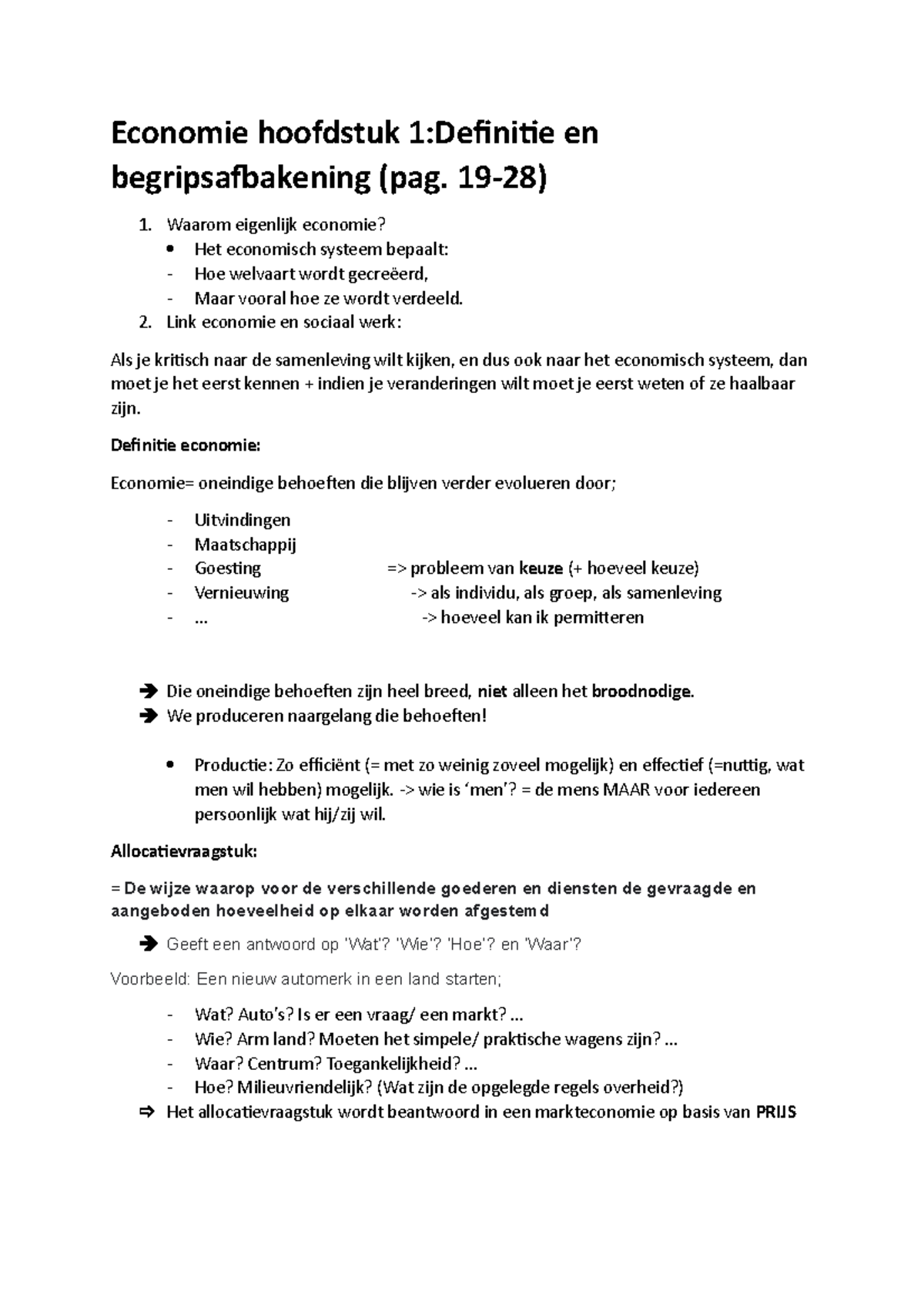 Samenvatting-economie Deelexamen - Economie Hoofdstuk 1:Definitie En ...