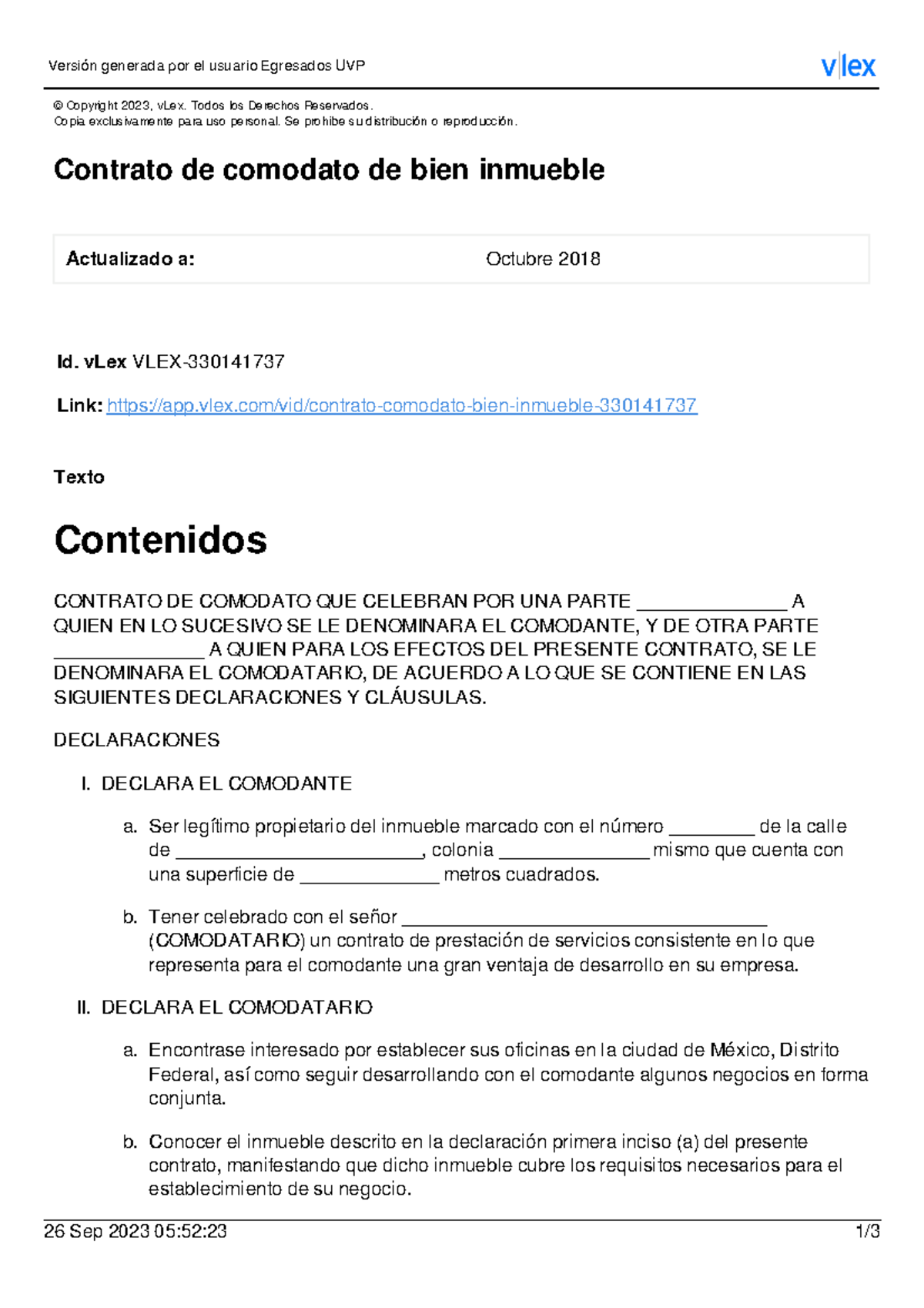 Contrato de comodato de bien inmueble contrato de comodato d ...