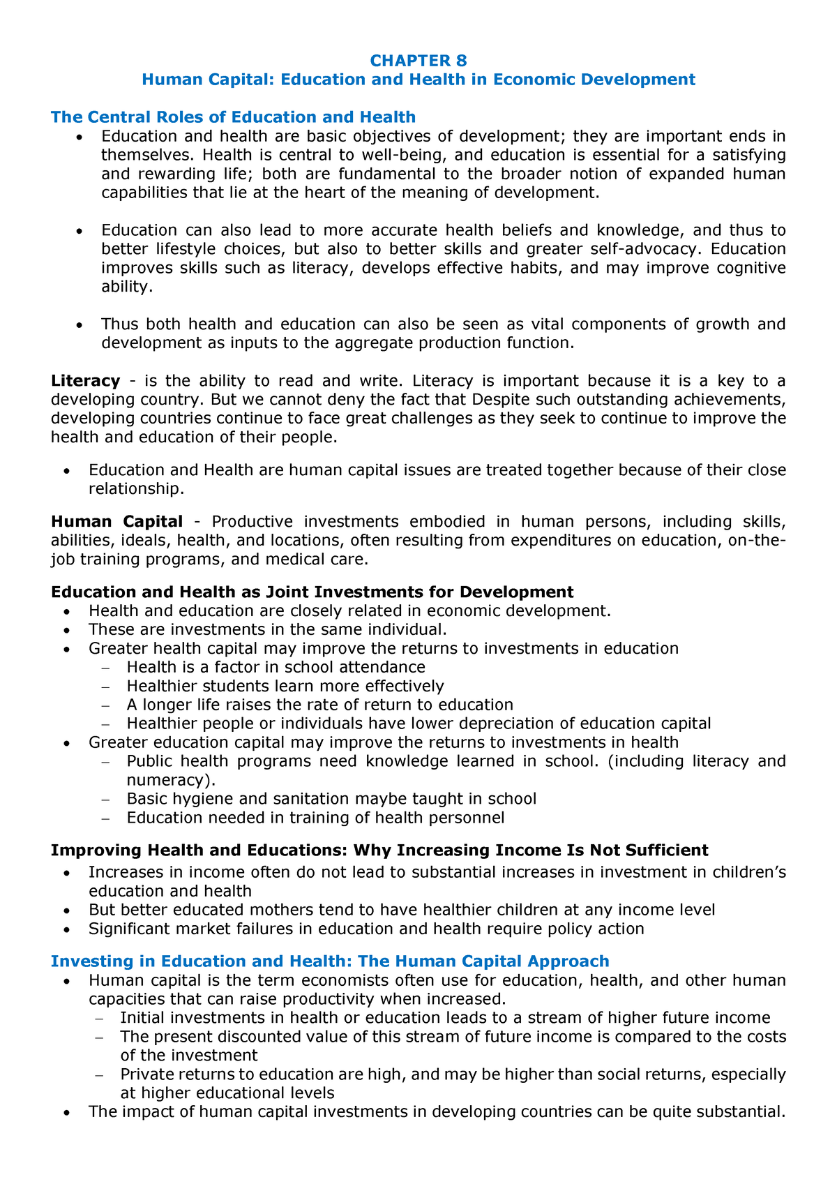 Chapter-8 Economic Development - CHAPTER 8 Human Capital: Education And ...