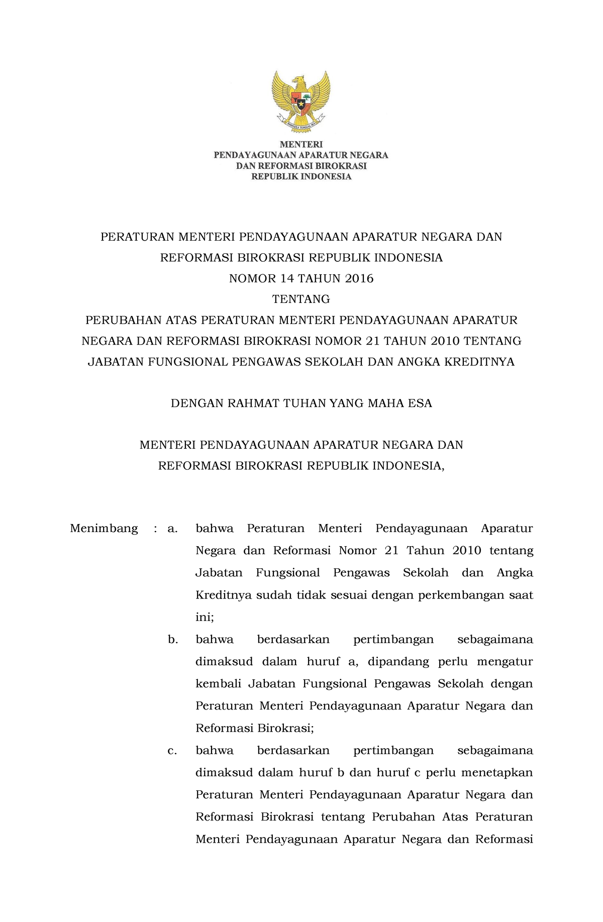 Permenpan Nomor 14 Tahun 2016 - PERATURAN MENTERI PENDAYAGUNAAN ...