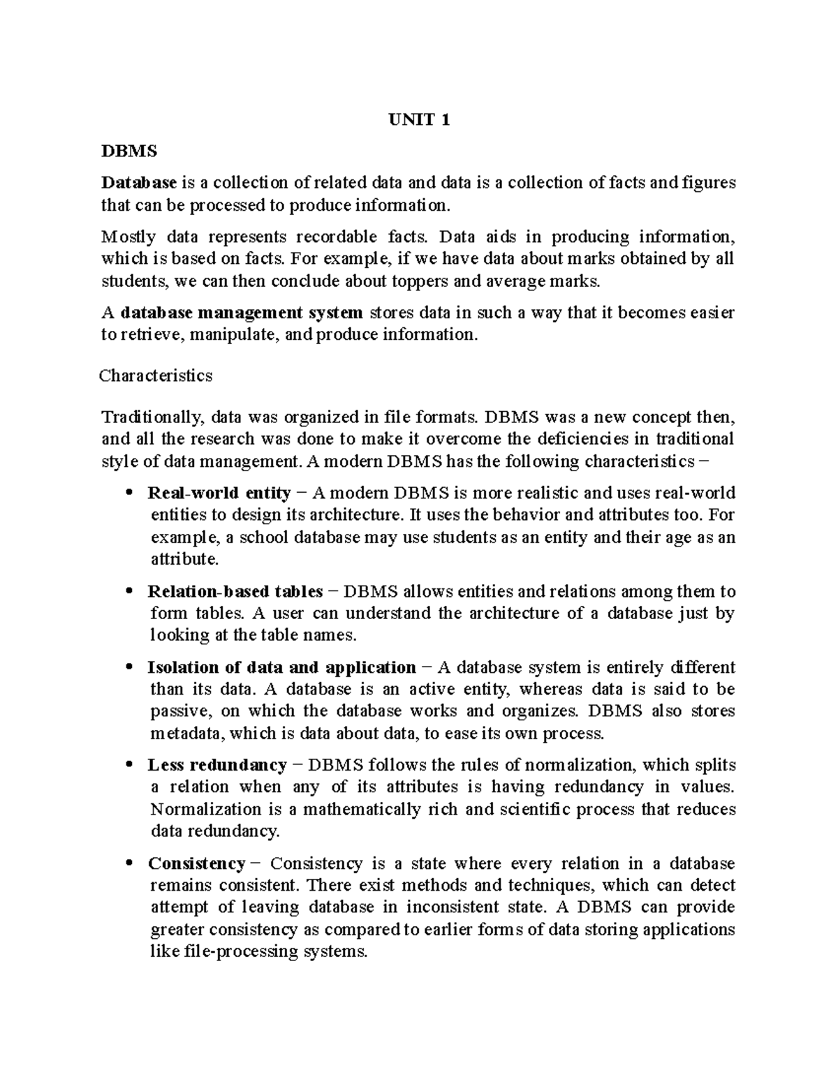 DBMS-UNIT 1 - Unit 1 Notes - UNIT 1 DBMS Database Is A Collection Of ...