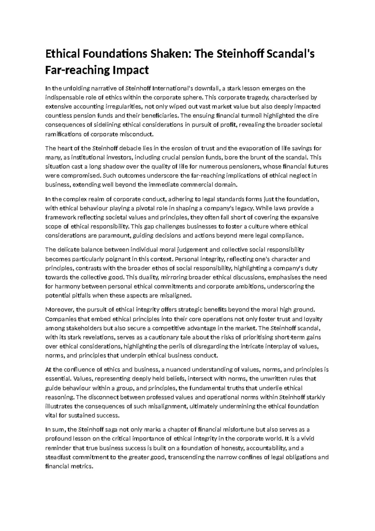 Steinhoff Case case study Ethical Foundations Shaken The Steinhoff