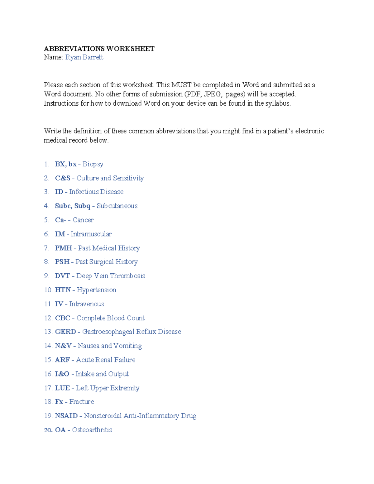 Abbreviations Worksheet - ABBREVIATIONS WORKSHEET Name: Ryan Barrett ...