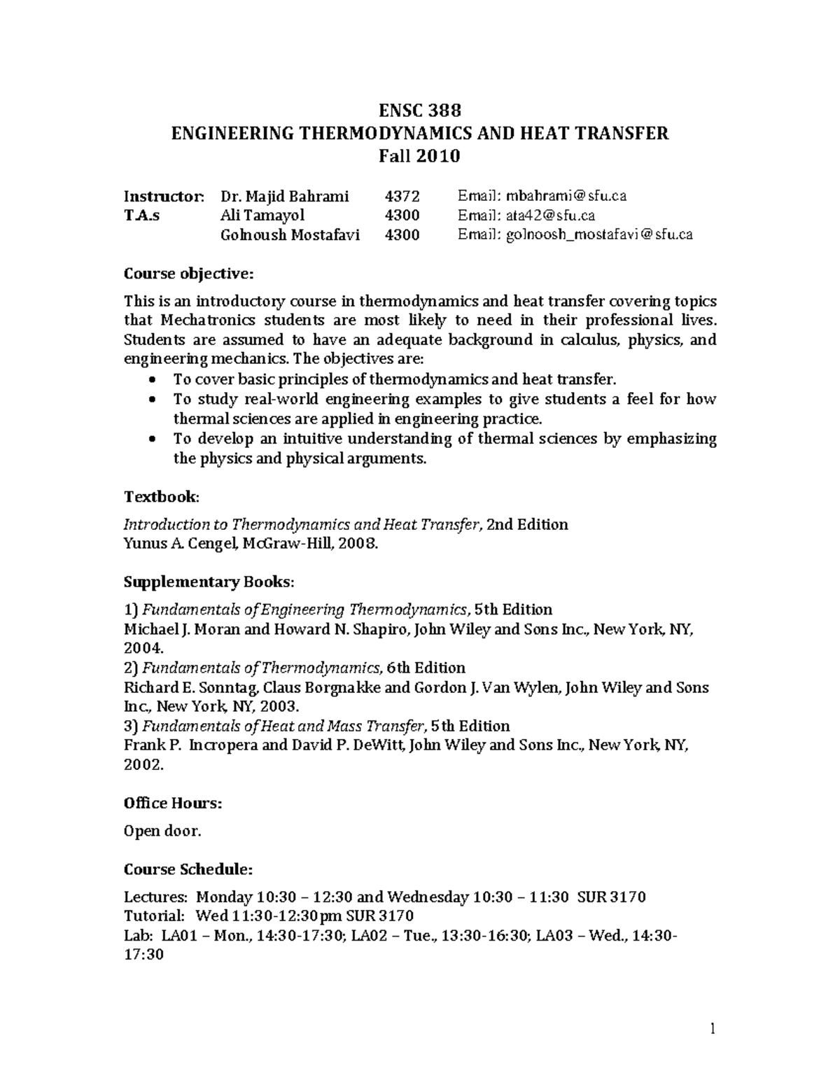 ENSC 388 Outline Fall 2010 - ENSC 388 ENGINEERING THERMODYNAMICS AND ...