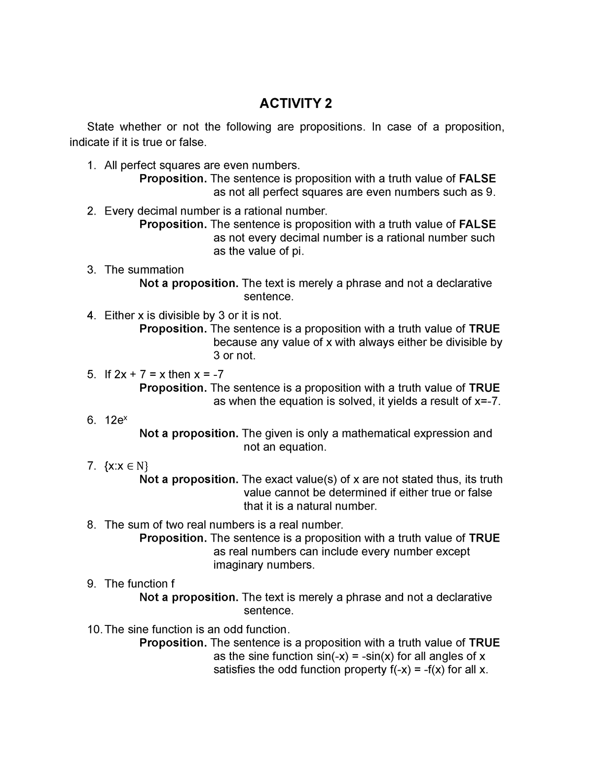 Proposition 2 ACTIVITY 2 State whether or not the following are