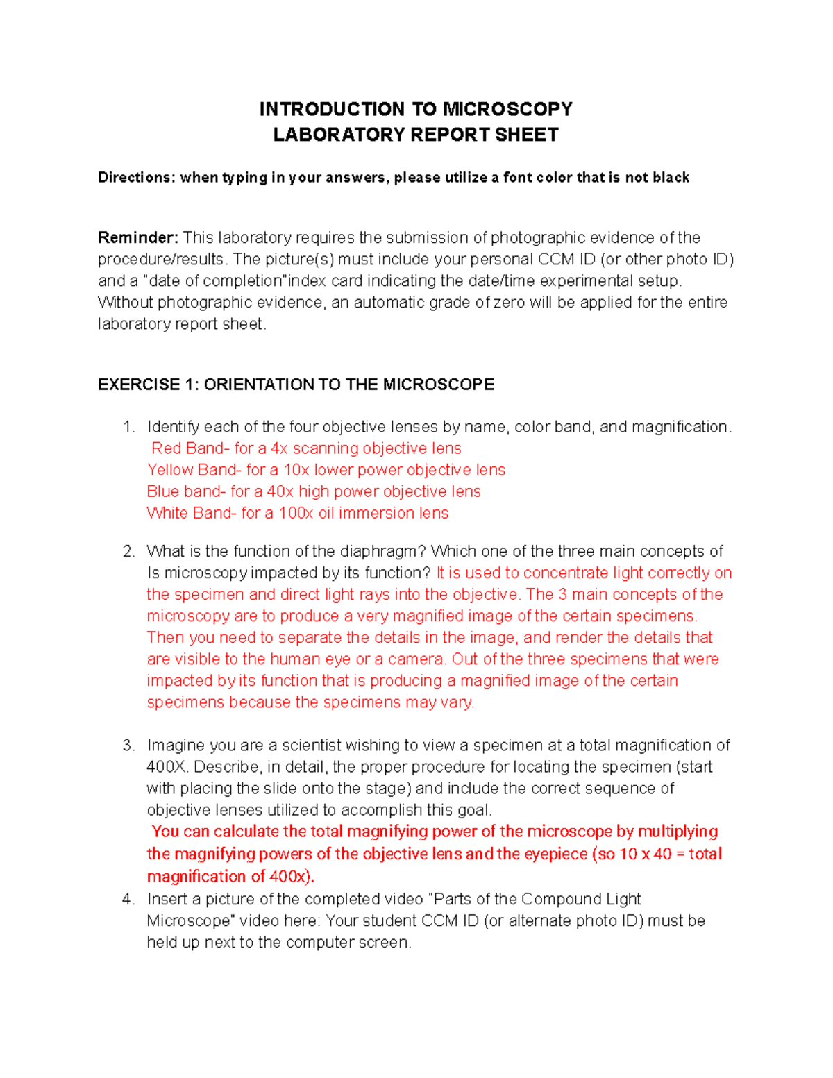 Introduction TO Microscopy Laboratory Report Sheet (1)-1 - INTRODUCTION ...