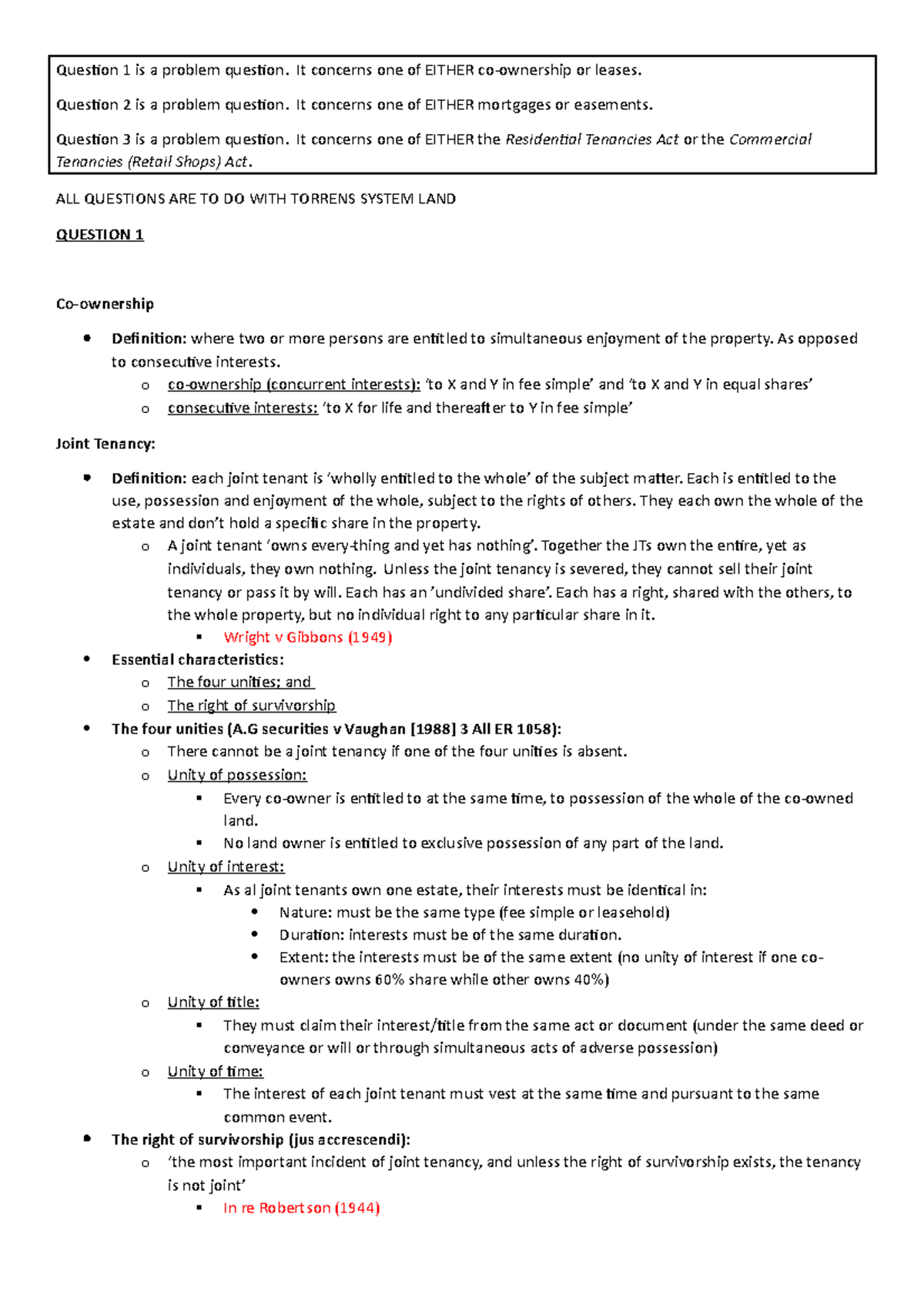 LLB254 Exam Notes - Summary Property Law B - Question 1 is a problem ...