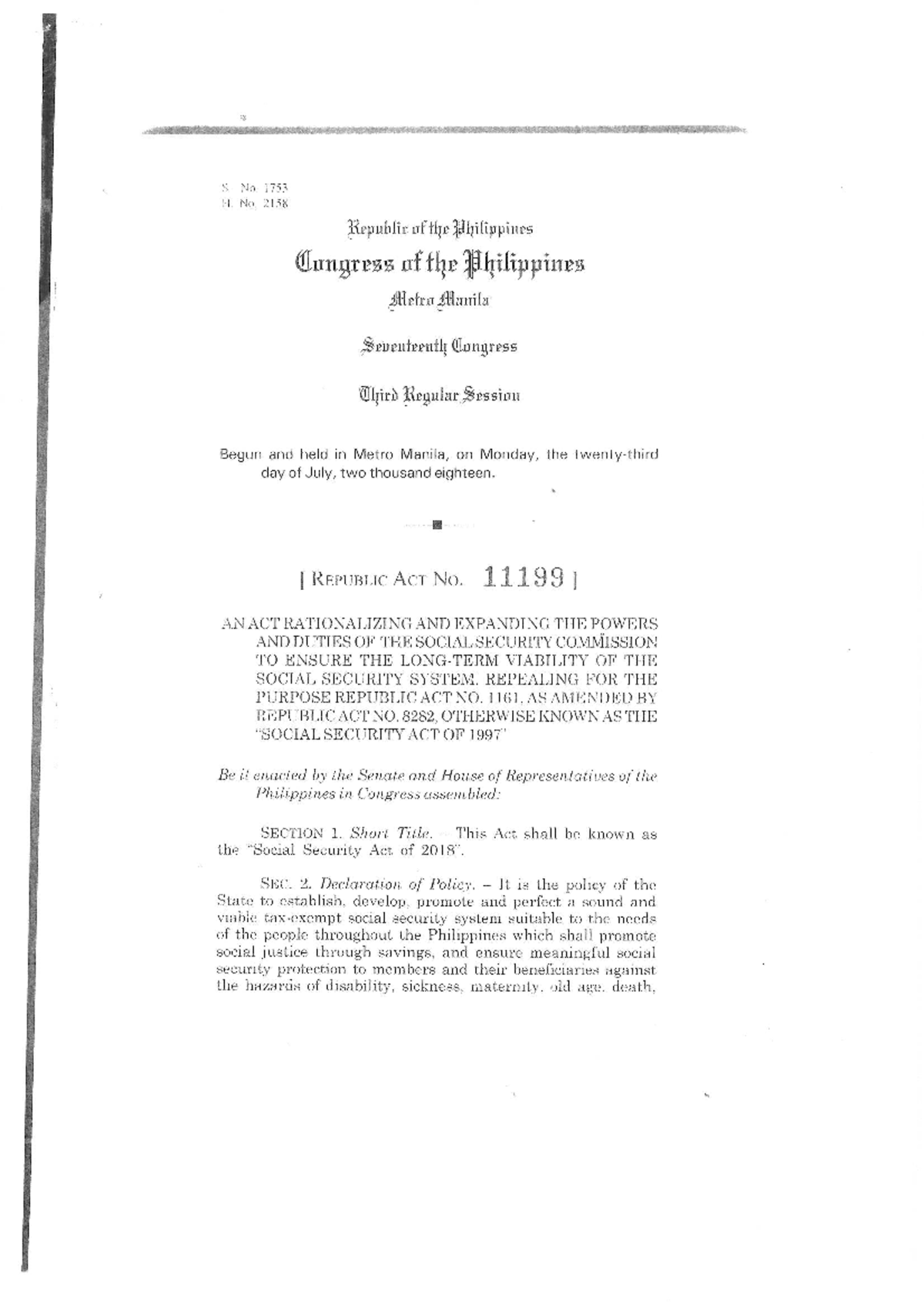 Social Security ACT OF 2018 Labor Law I Studocu