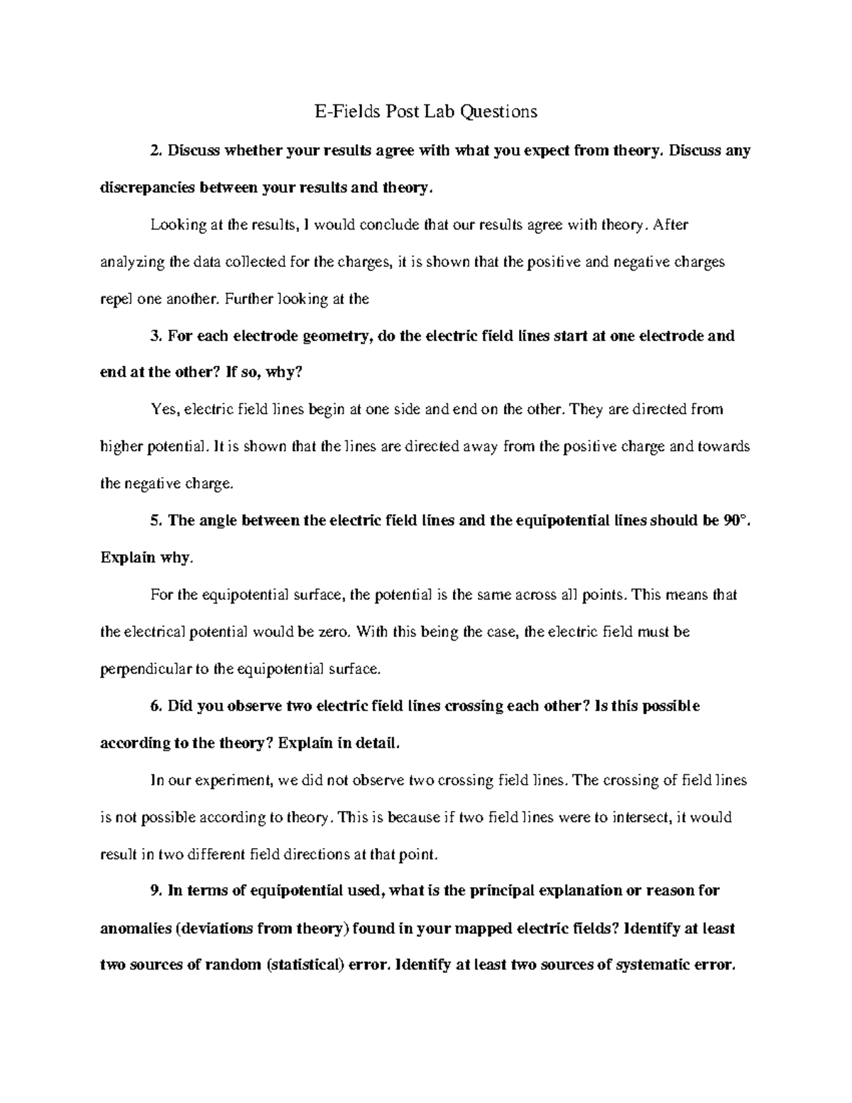 EFields Post Lab Physics II EFields Post Lab Discussion and