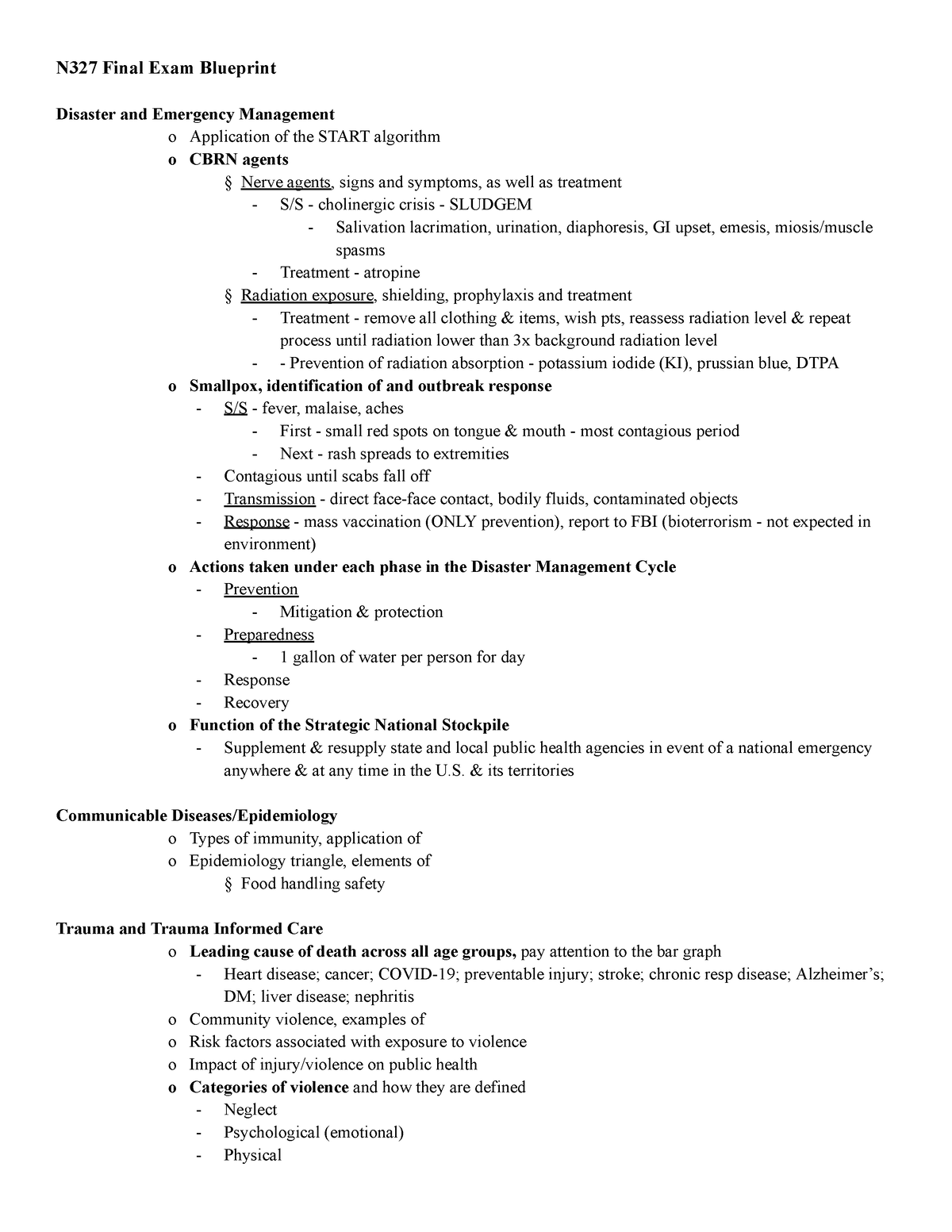 Final Exam Blueprint - N327 Final Exam Blueprint Disaster and Emergency ...