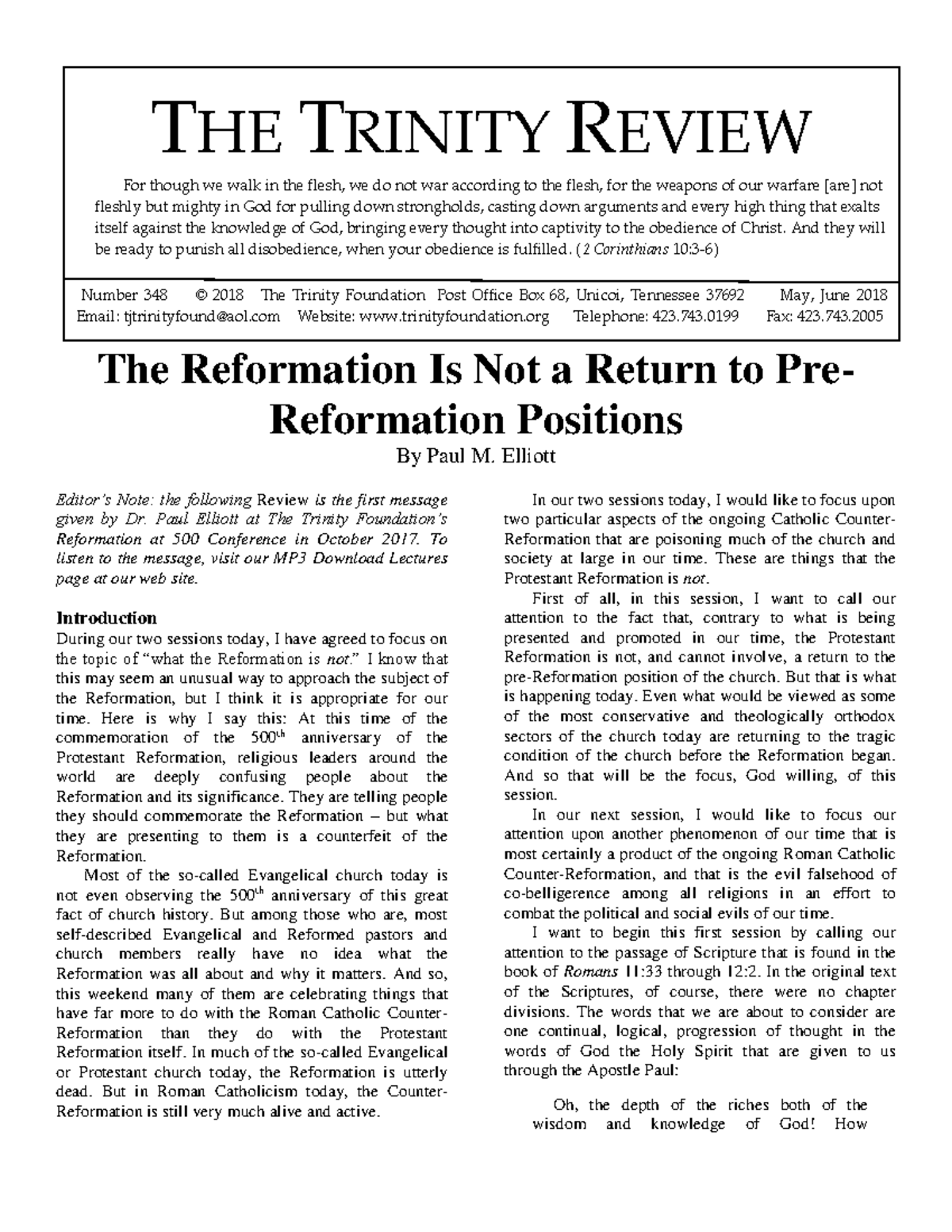The Trinity Review Review 348 The Reformation Is Not a Return to Pre ...