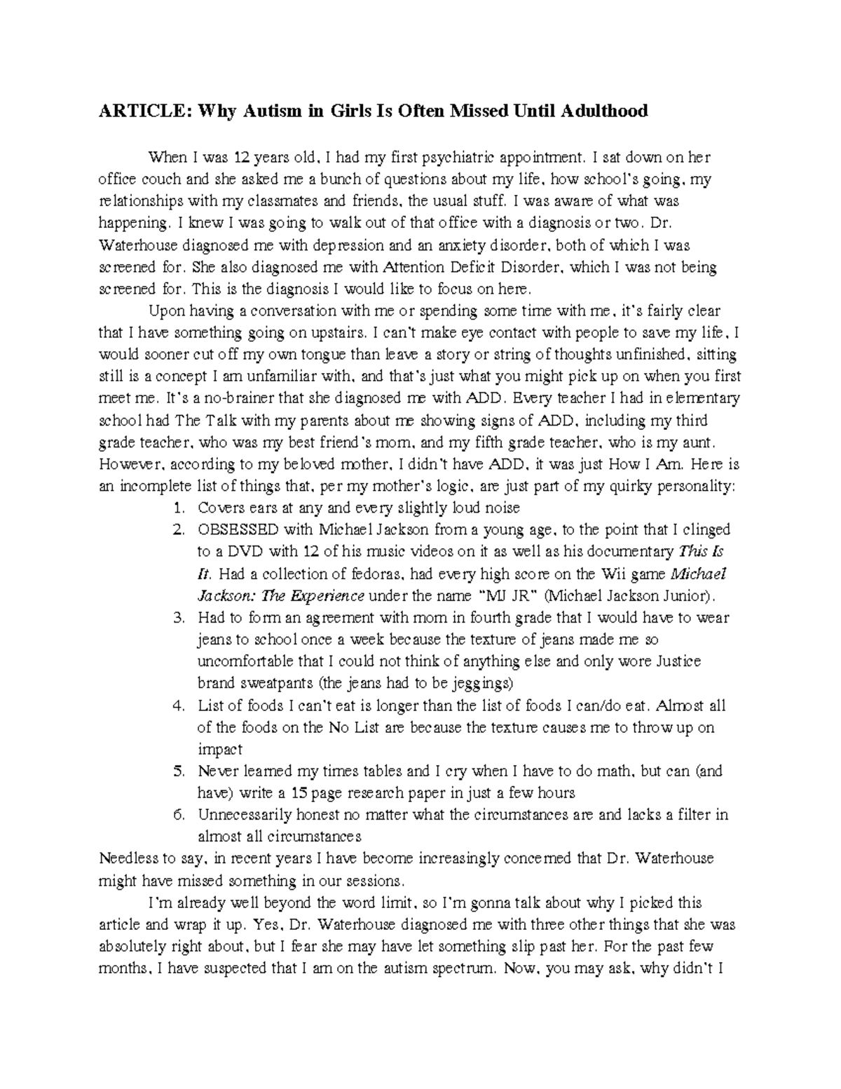 Article Reaction 1 - ARTICLE: Why Autism in Girls Is Often Missed Until ...