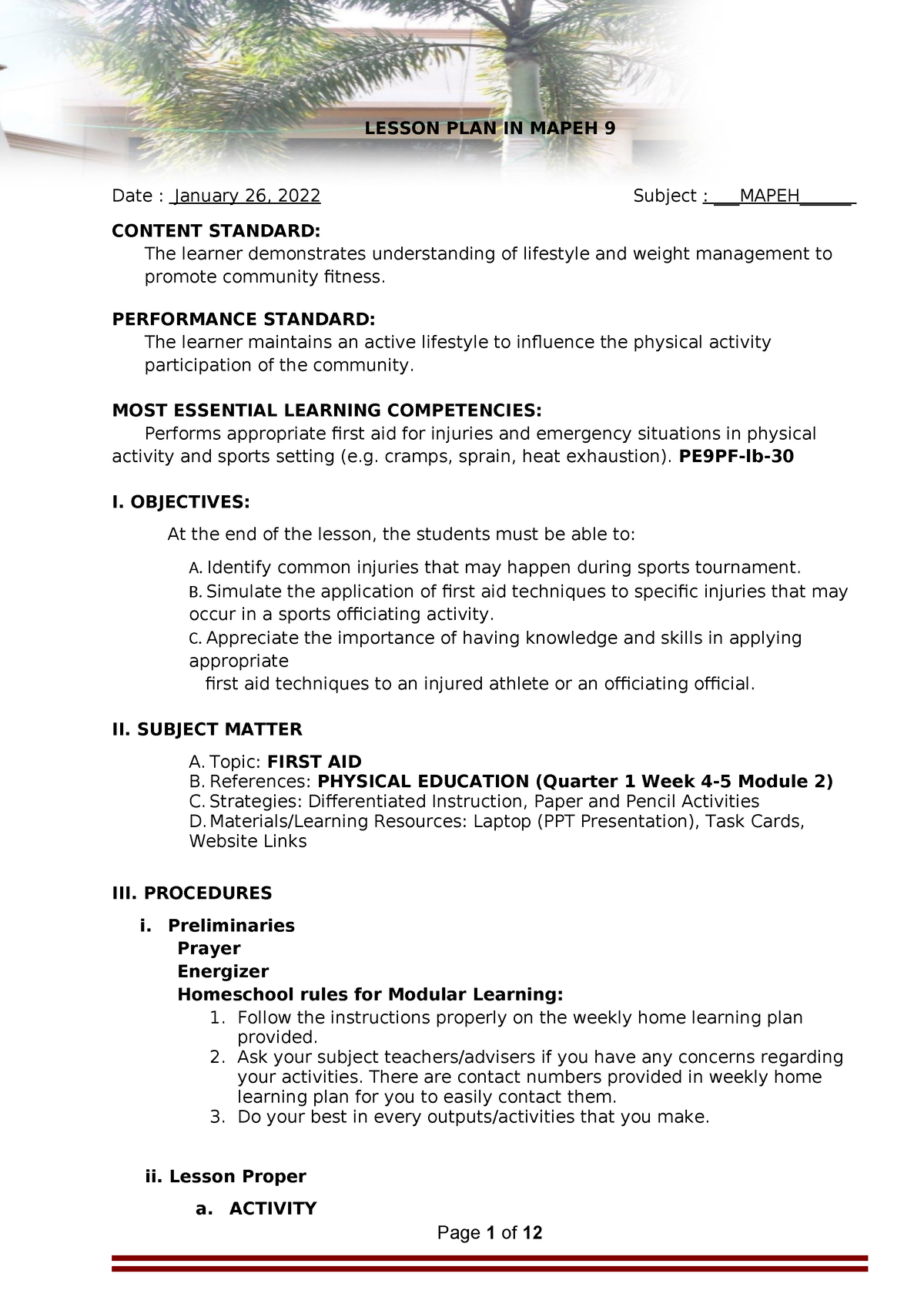 Lesson Plan- Mapeh 9 - LESSON PLAN IN MAPEH 9 Date : January 26, 2022 ...