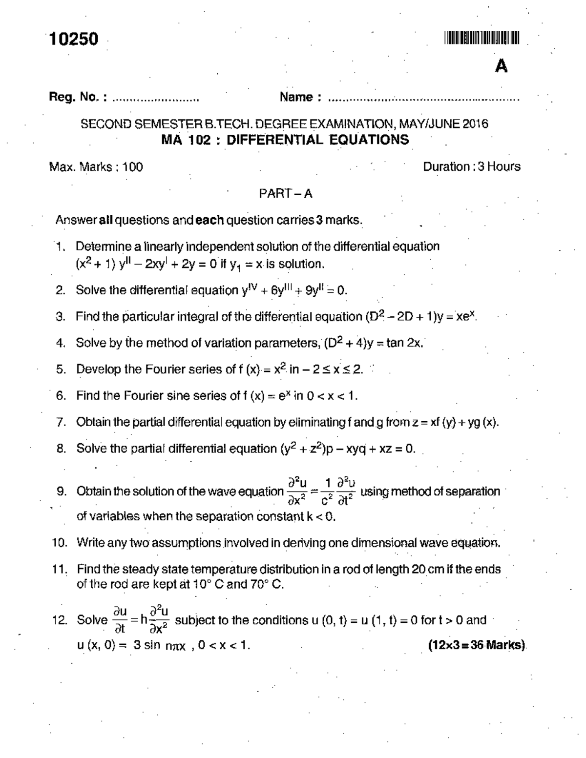 MA 102(MAY JUNE 2016 ) Differential Equations S2 question paper P.T