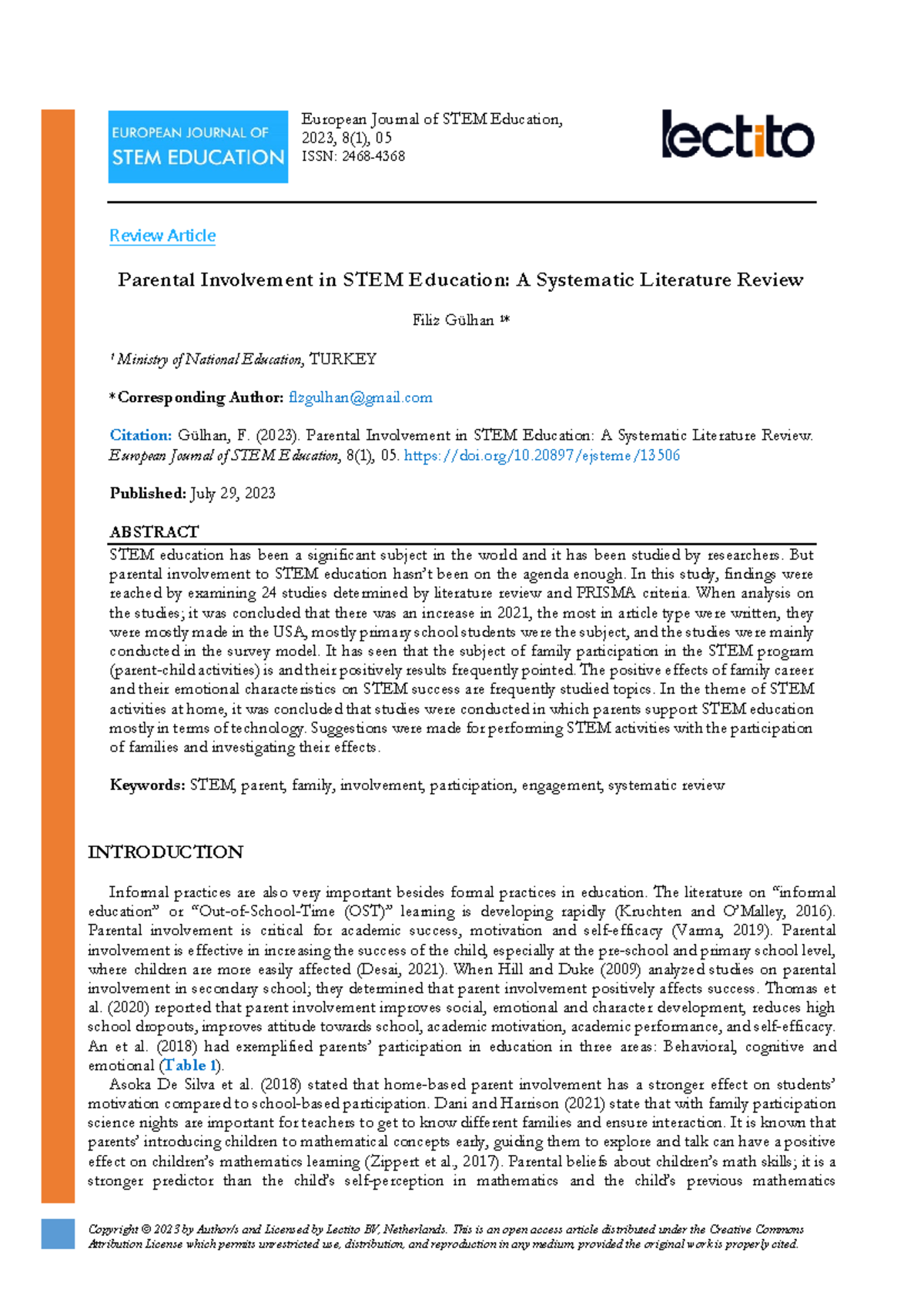Parental involvement in stem education a systematic literature review ...