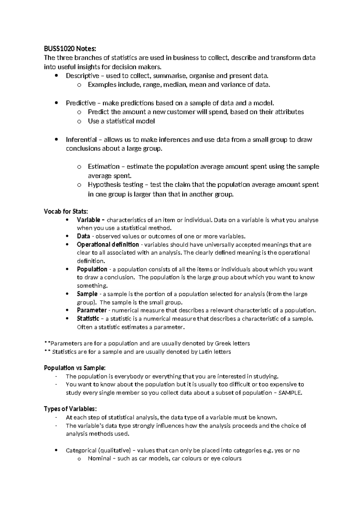 BUSS1020 Notes - BUSS1020 Notes: The three branches of statistics are ...