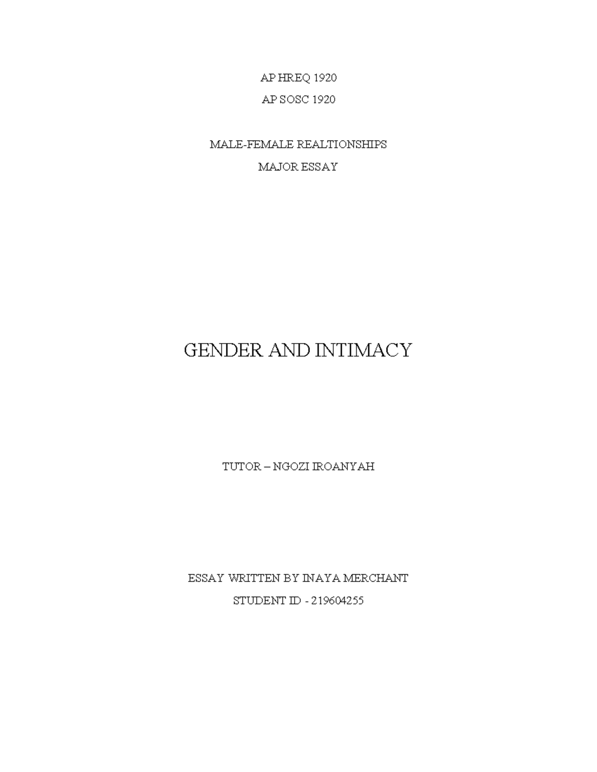 Gender and intimacy - A grade essay - AP HREQ 1920 AP SOSC 1920 MALE ...