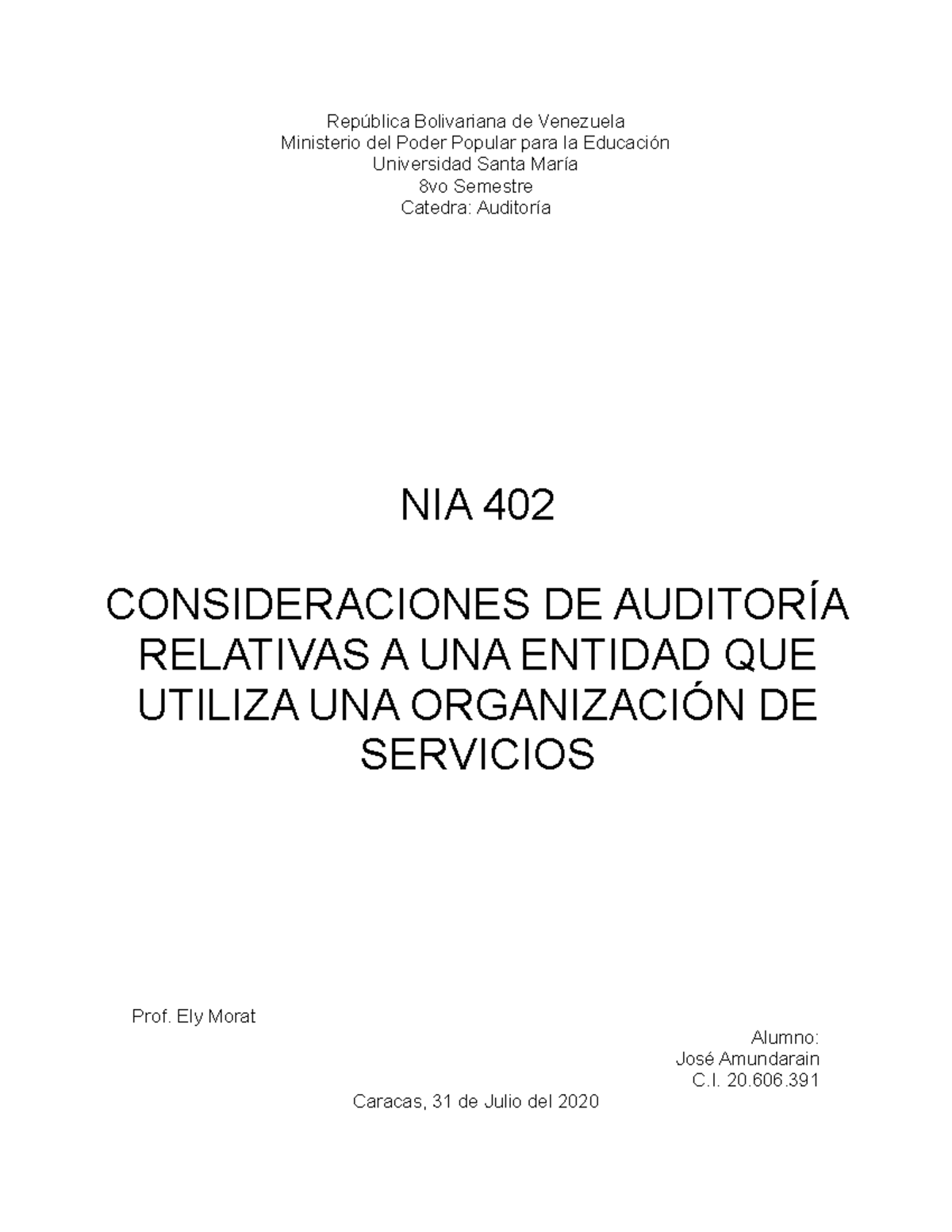 NIA 402 Resumen República Bolivariana de Venezuela Ministerio del