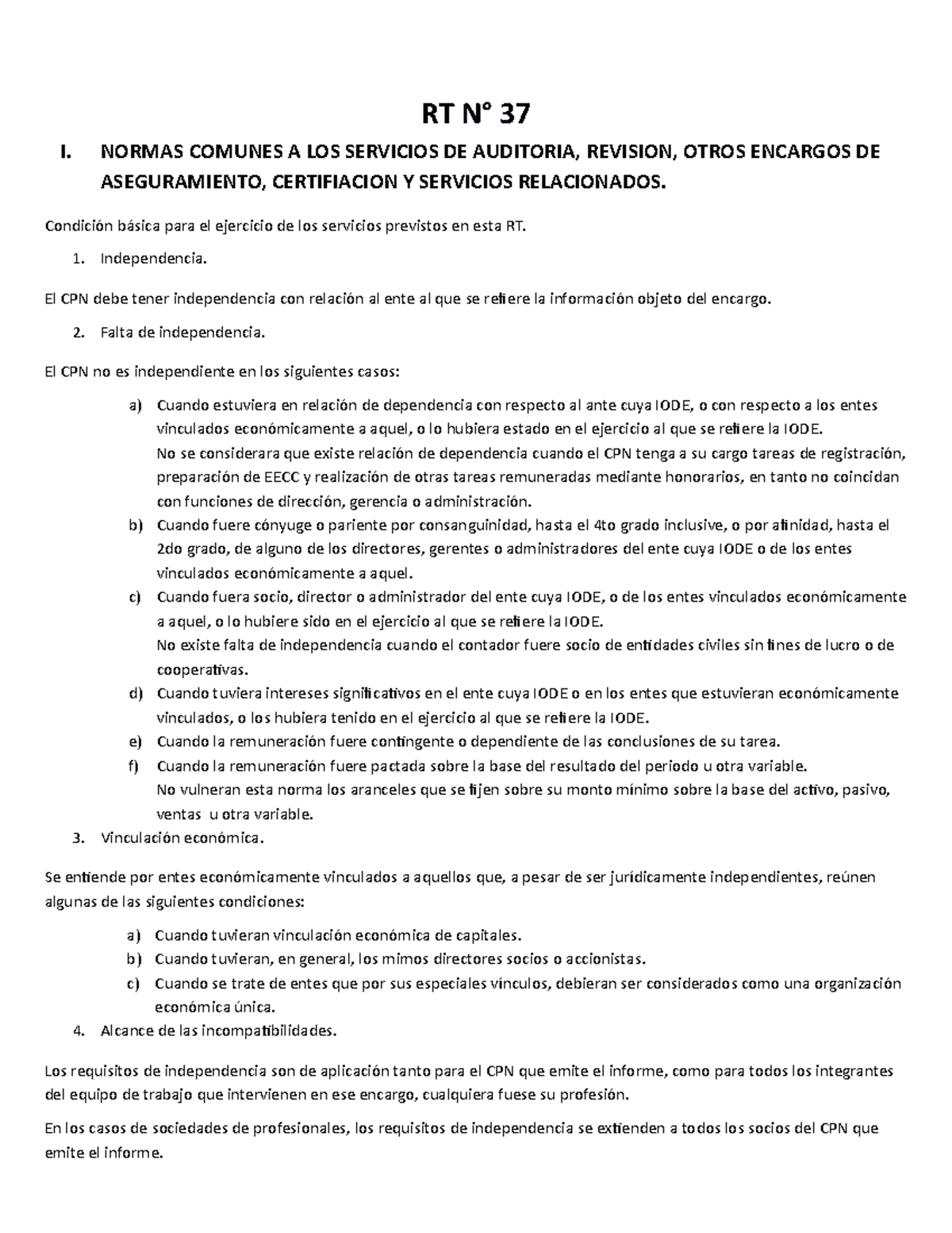 Resumen RT 37 - RT N° 37 I. NORMAS COMUNES A LOS SERVICIOS DE AUDITORIA ...