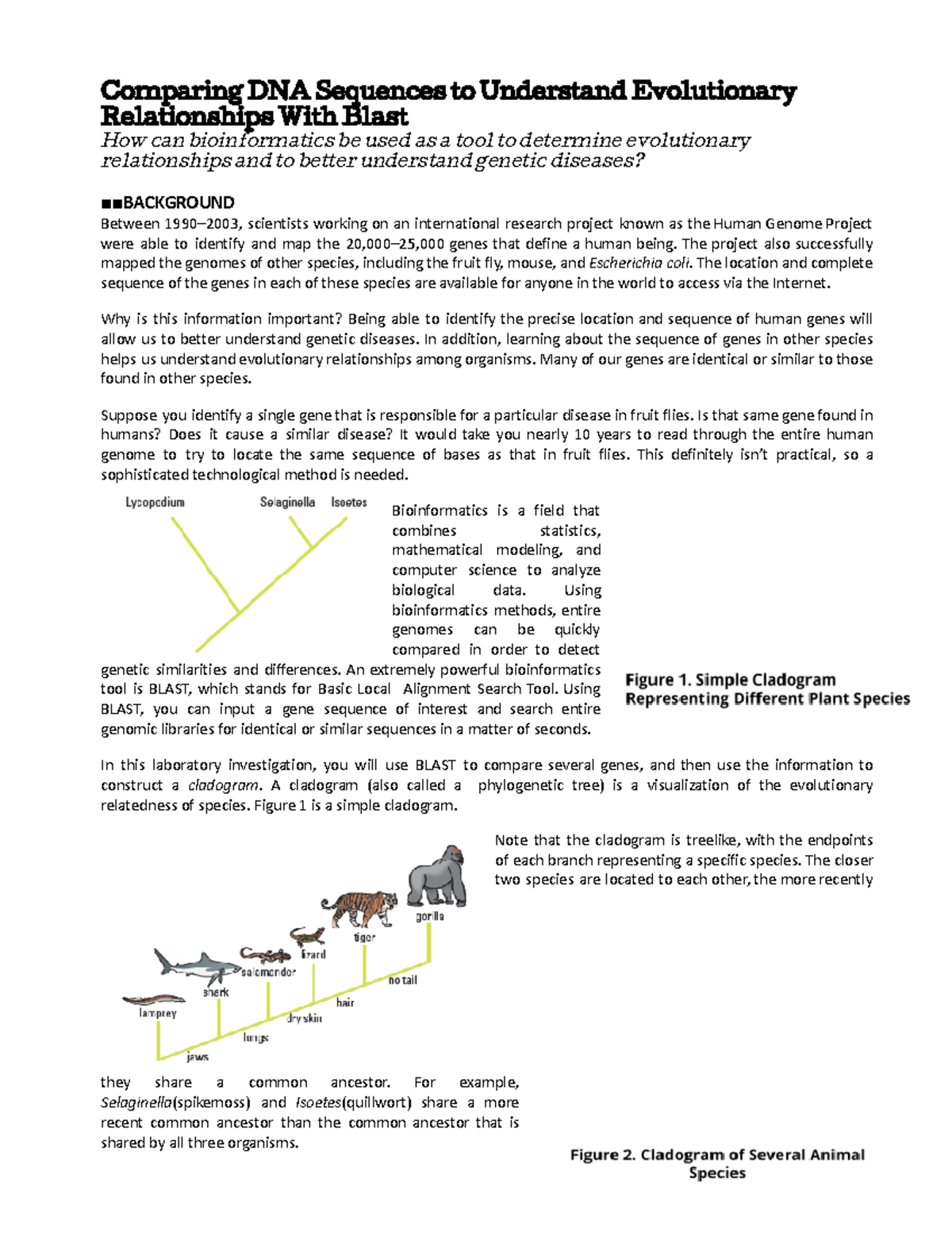 Blast Pre Lab - Lecture notes 2 - Comparing DNA Sequences to Understand ...