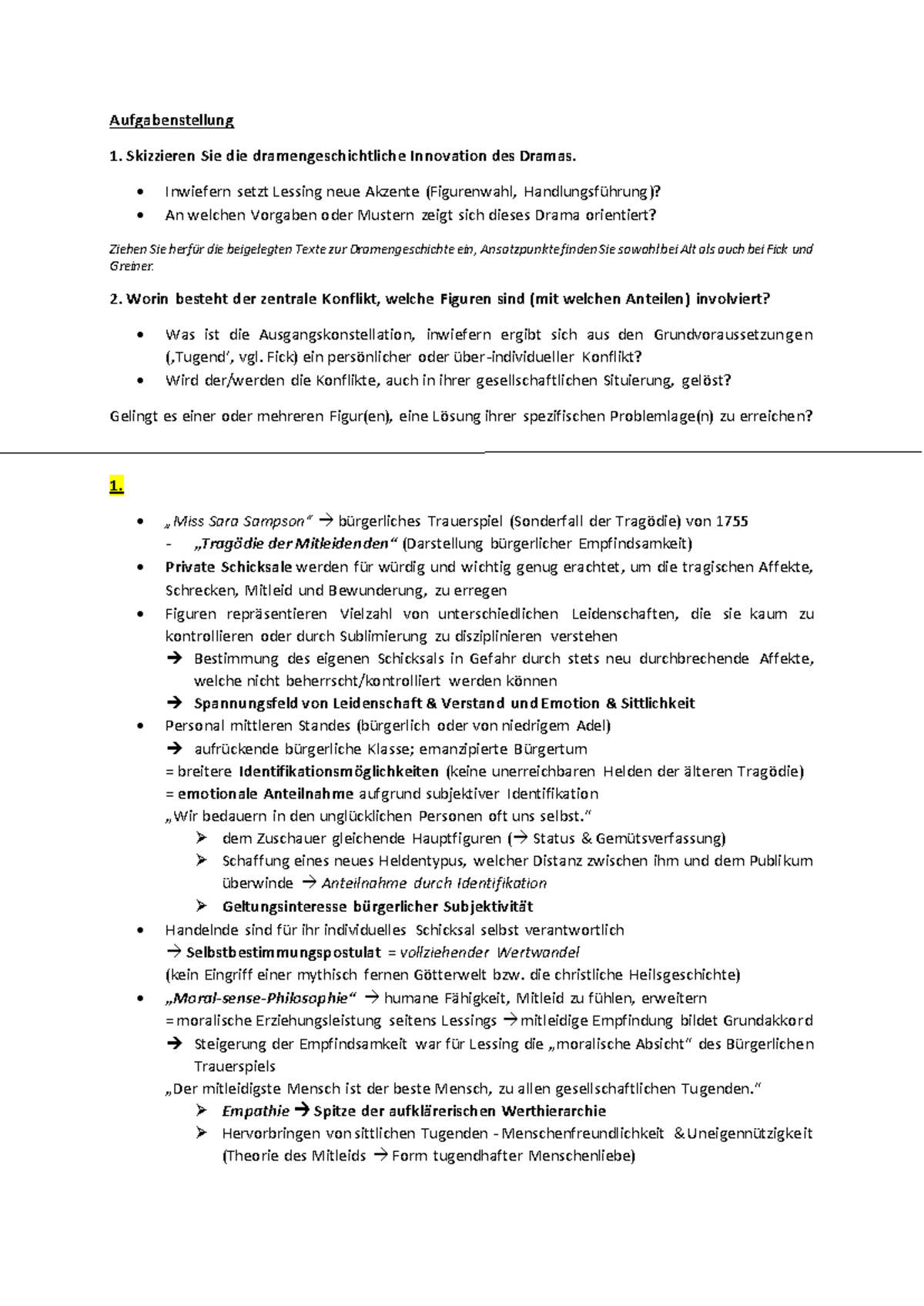 Miss Sara Sampson - Zusammenfassung Einführung in die Dramenanalyse