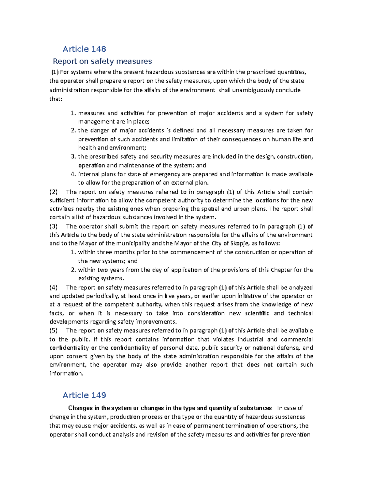 Environmental law m28 - Article 148 Report on safety measures (1) For ...