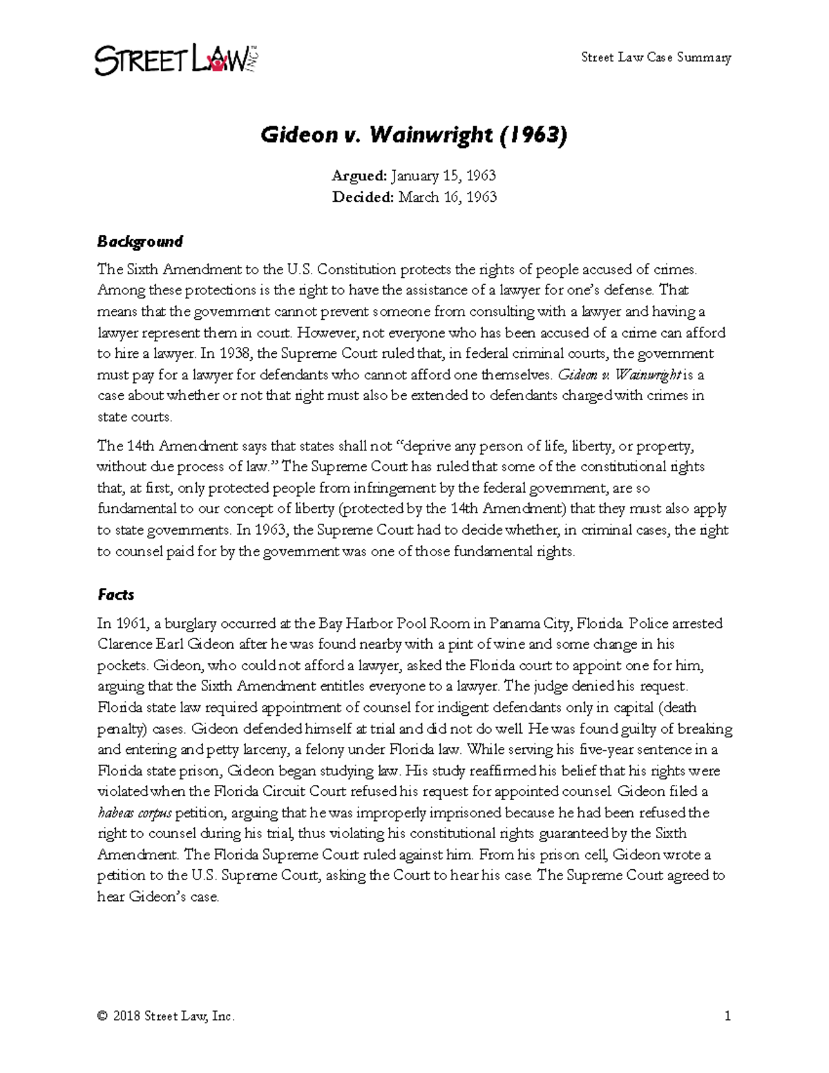 Gideon vs Wainright1 court case Street Law Case Summary Gideon v
