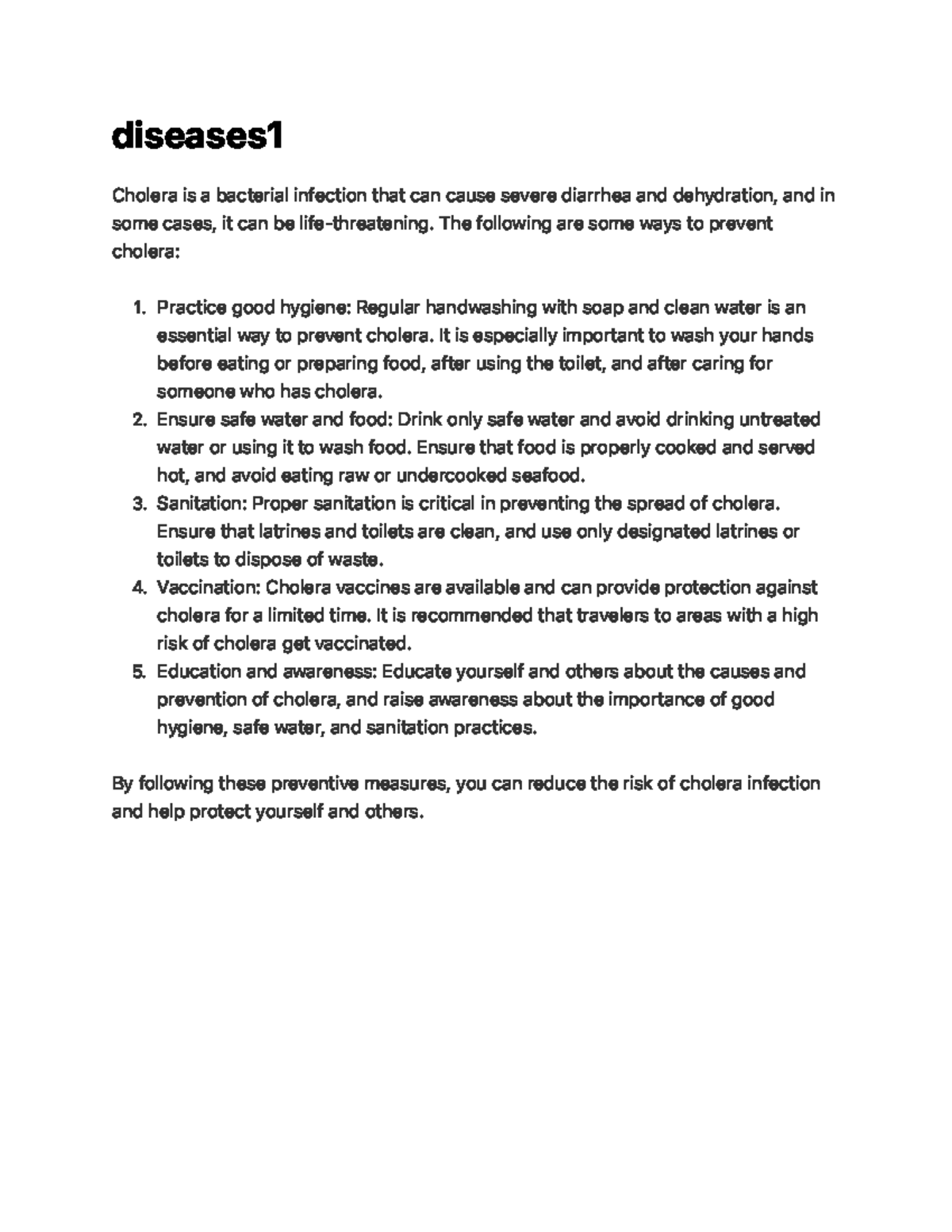 Diseases 1 - Notes - d i s e a s e s 1 Cholera is a bacterial infection ...
