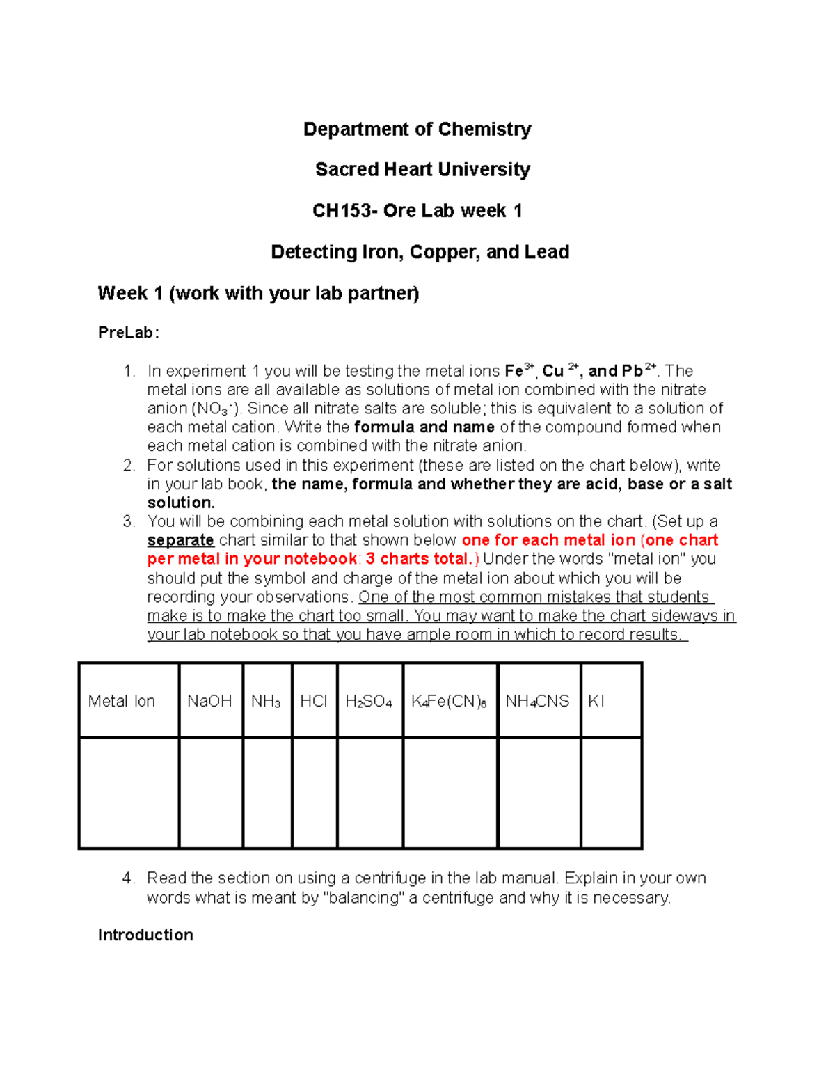 CH153Lab3 (ore lab week1) Department of Chemistry Sacred Heart