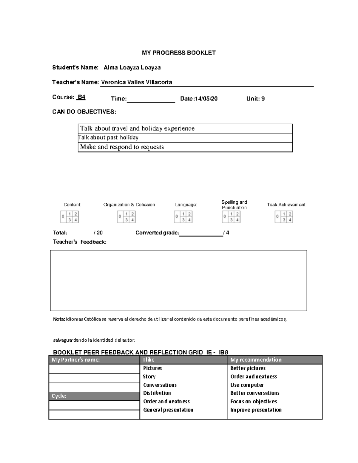 Progress Boocklet-Alma Loayza - MY PROGRESS BOOKLET Student’s Name ...