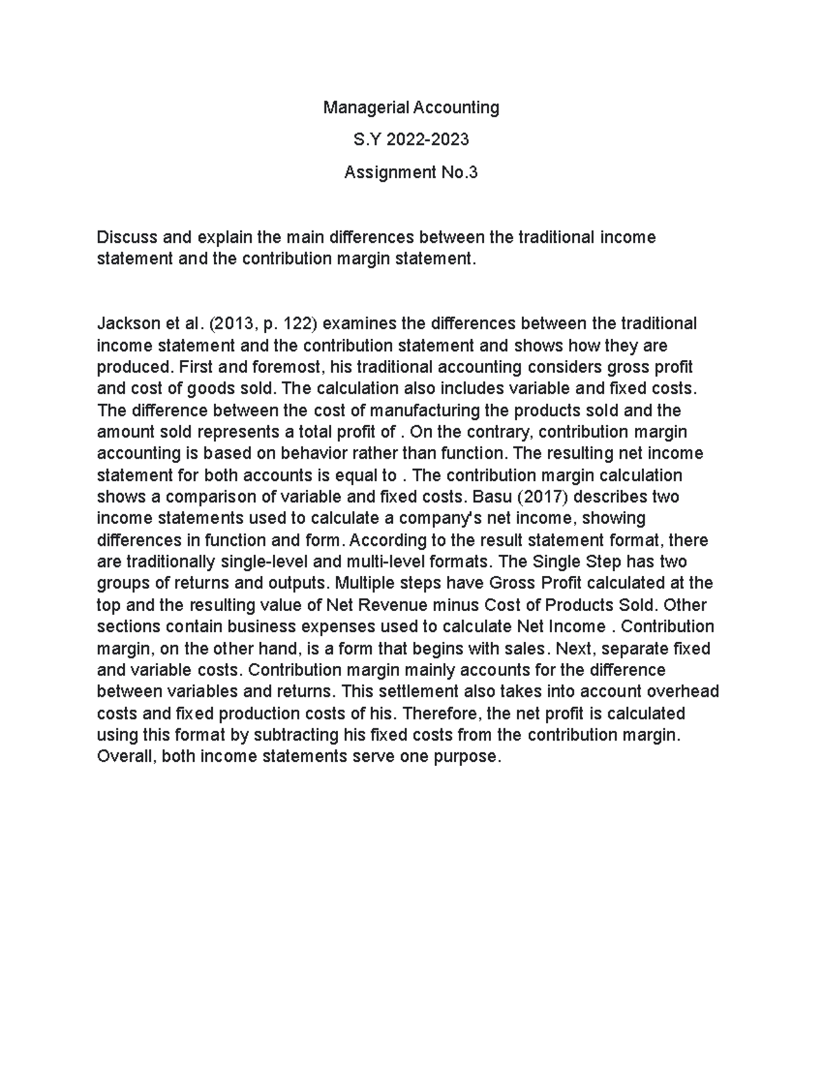 Managerial Accounting Assignment 3 Managerial Accounting S 2022