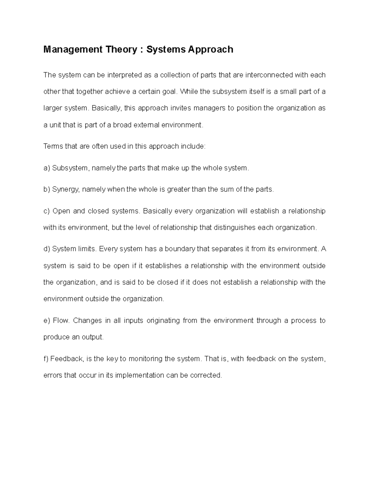 Management Theory Systems Approach Management Theory Systems