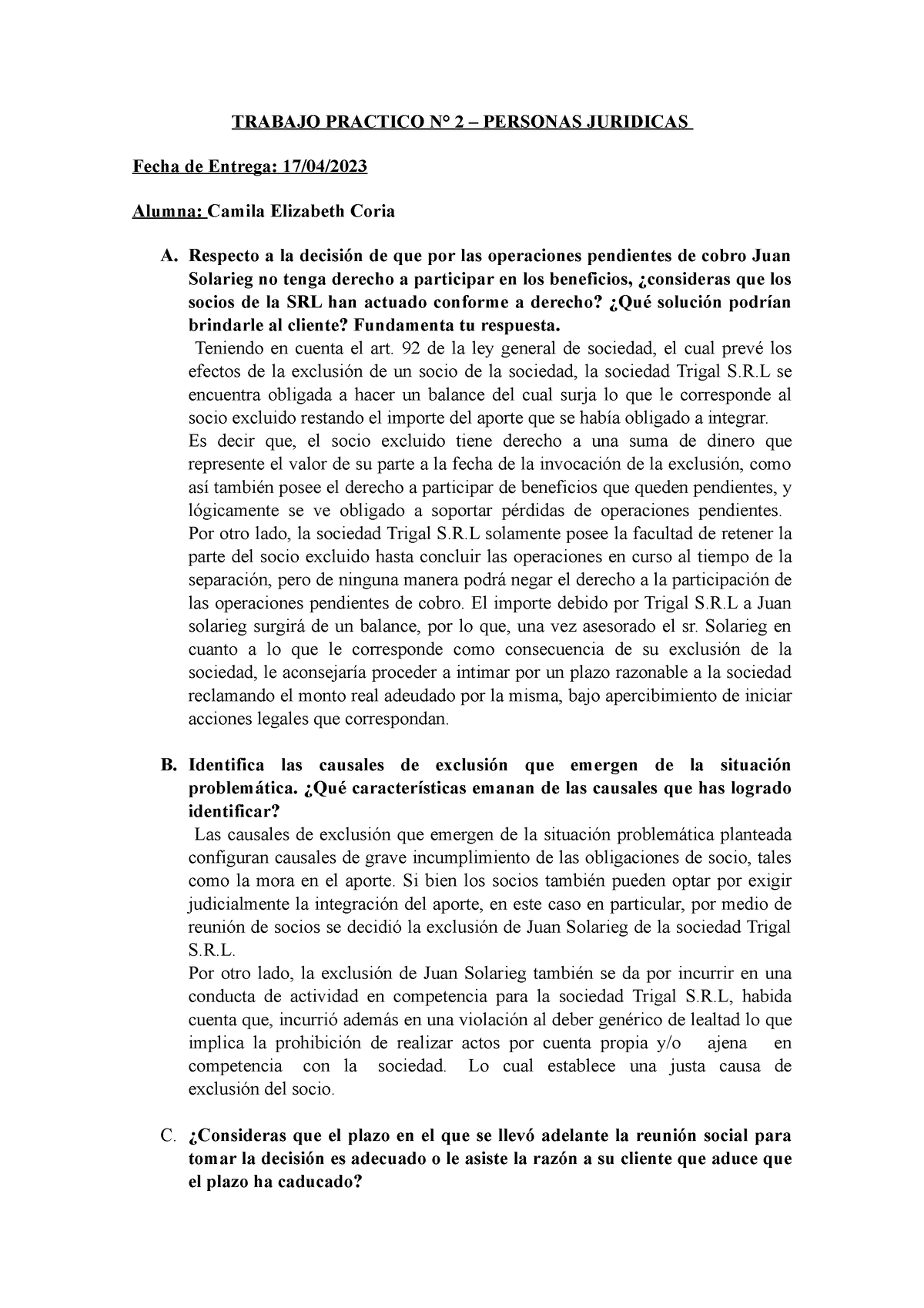 Trabajo Practico N 2 Persona Juridica Derecho De Las Personas