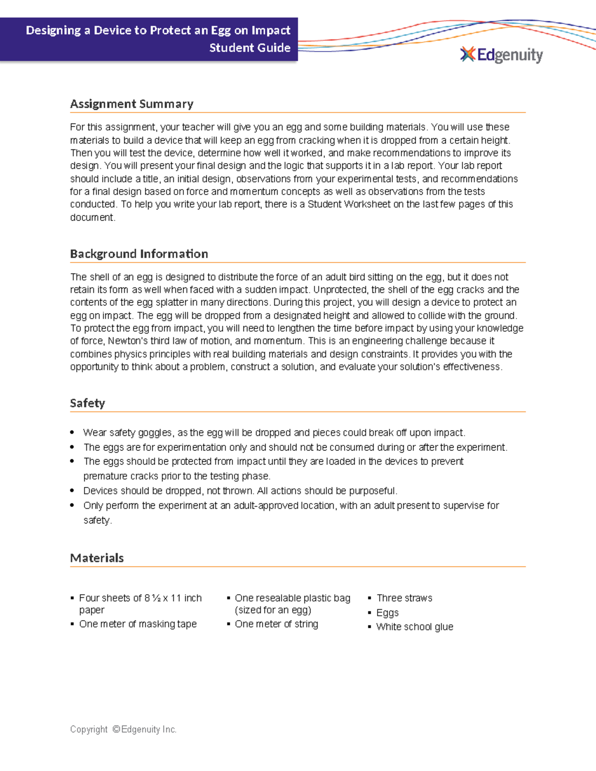 Project-Egg Drop-student guide - Designing a Device to Protect an Egg ...