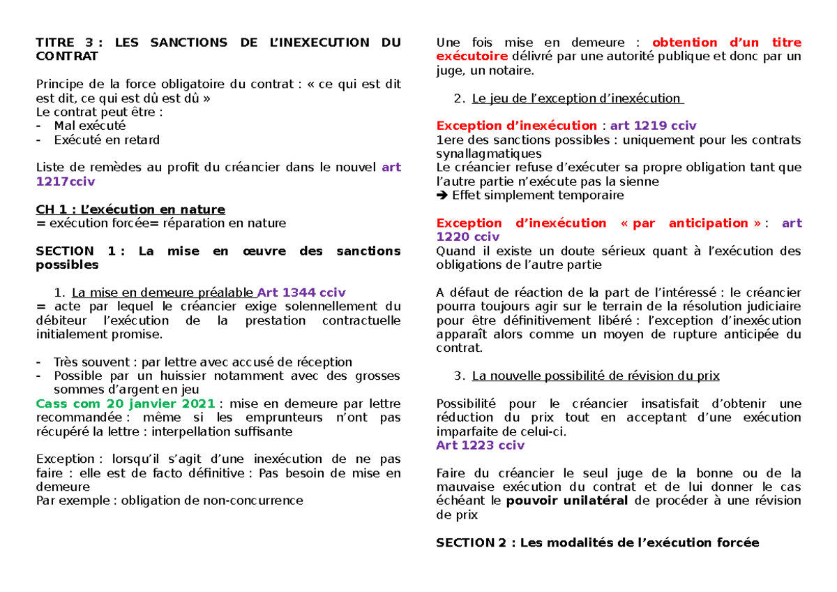 Fiche Titre Titre Les Sanctions De Linexecution Du Contrat