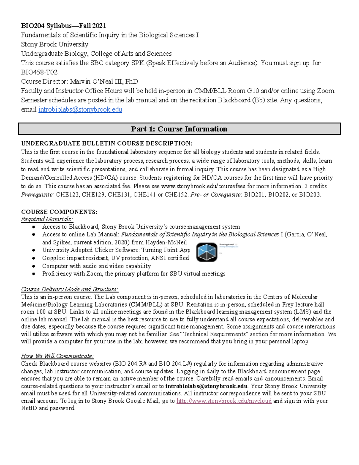 Fundamentals of Scientific Inquiry in the Biological Sciences I  Syllabus—Fall 2021 - BIO204 - StuDocu