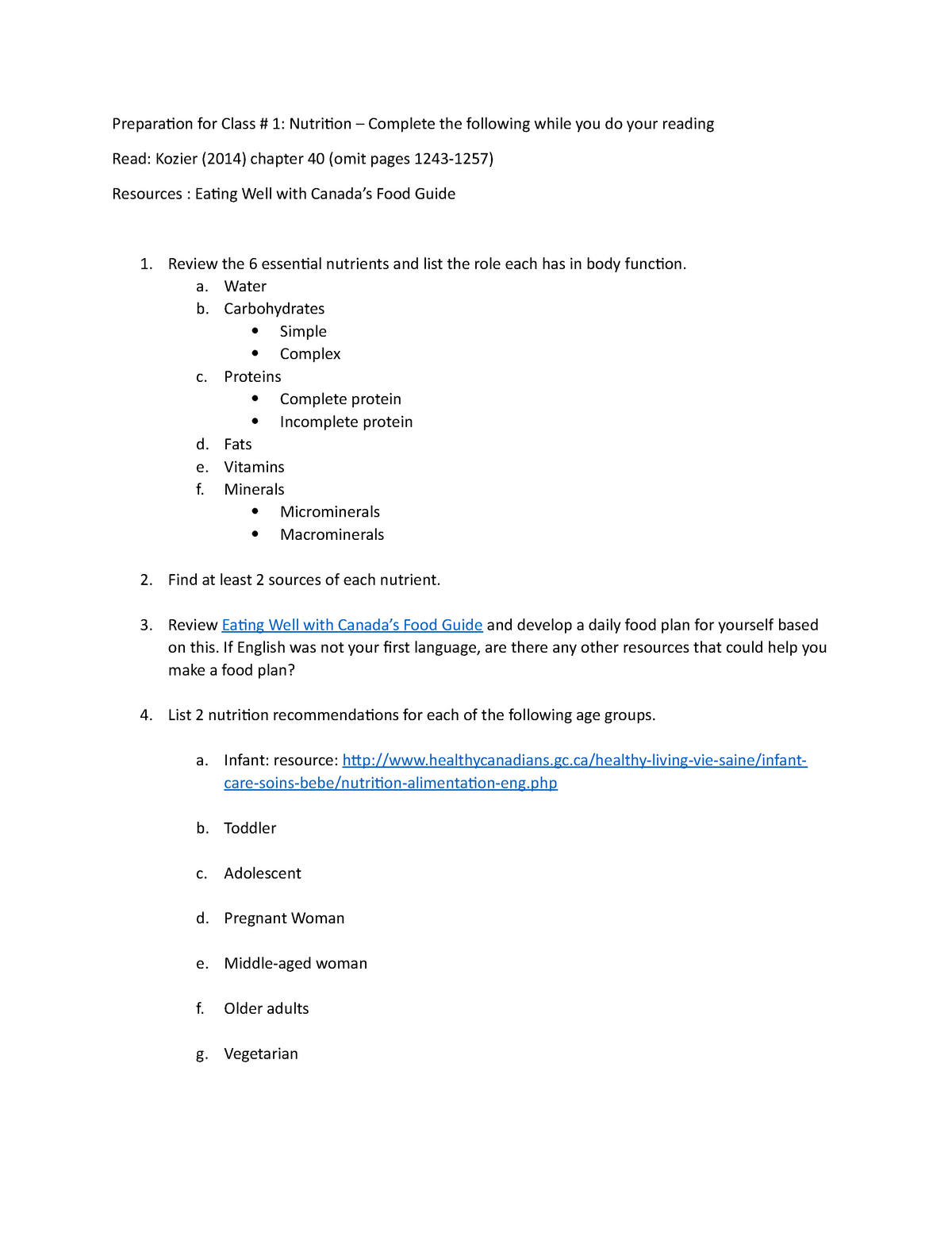 Preparation For Class 1 1 Preparaion For Class 1 Nutriion Complete The Following While You Studocu