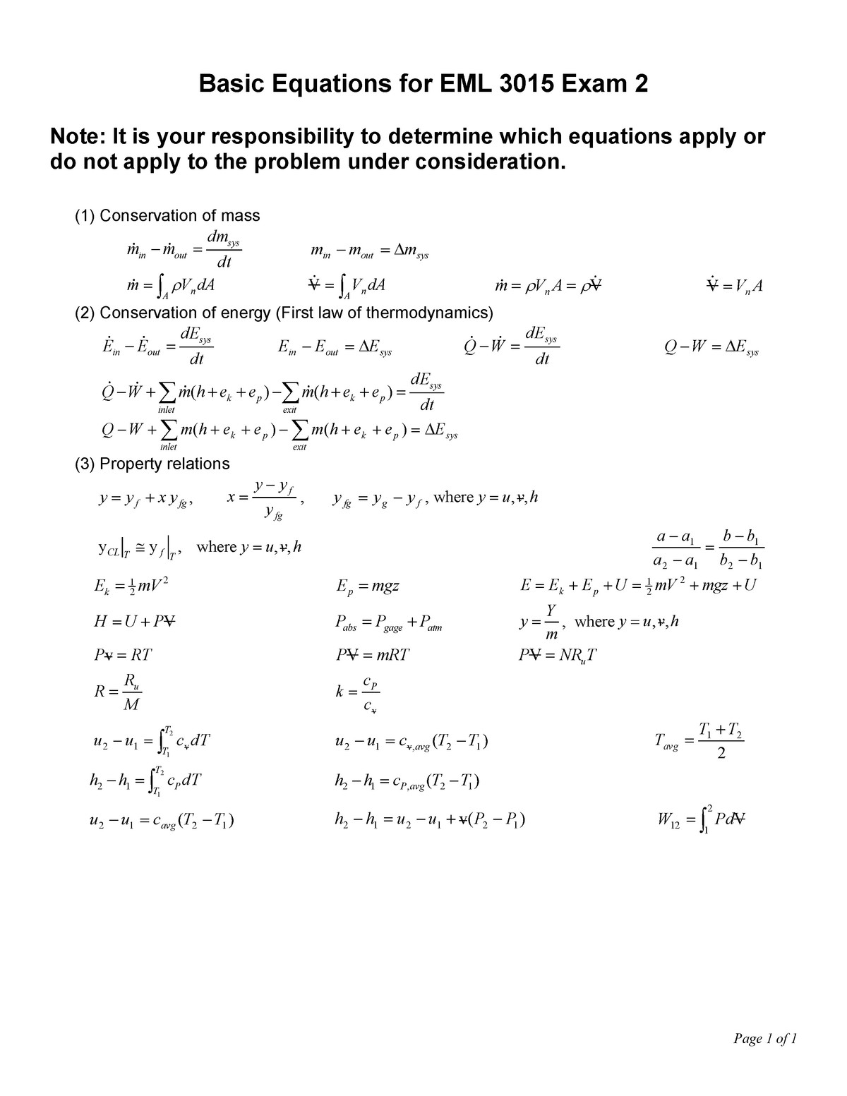 Eml3015equations Exam 2 Studocu