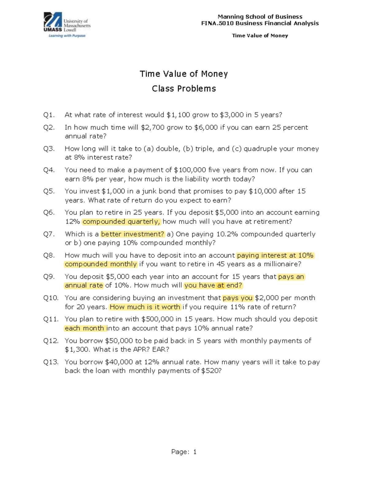 FINA - Class Probs - Page: 1 Manning School of Business FINA Business ...