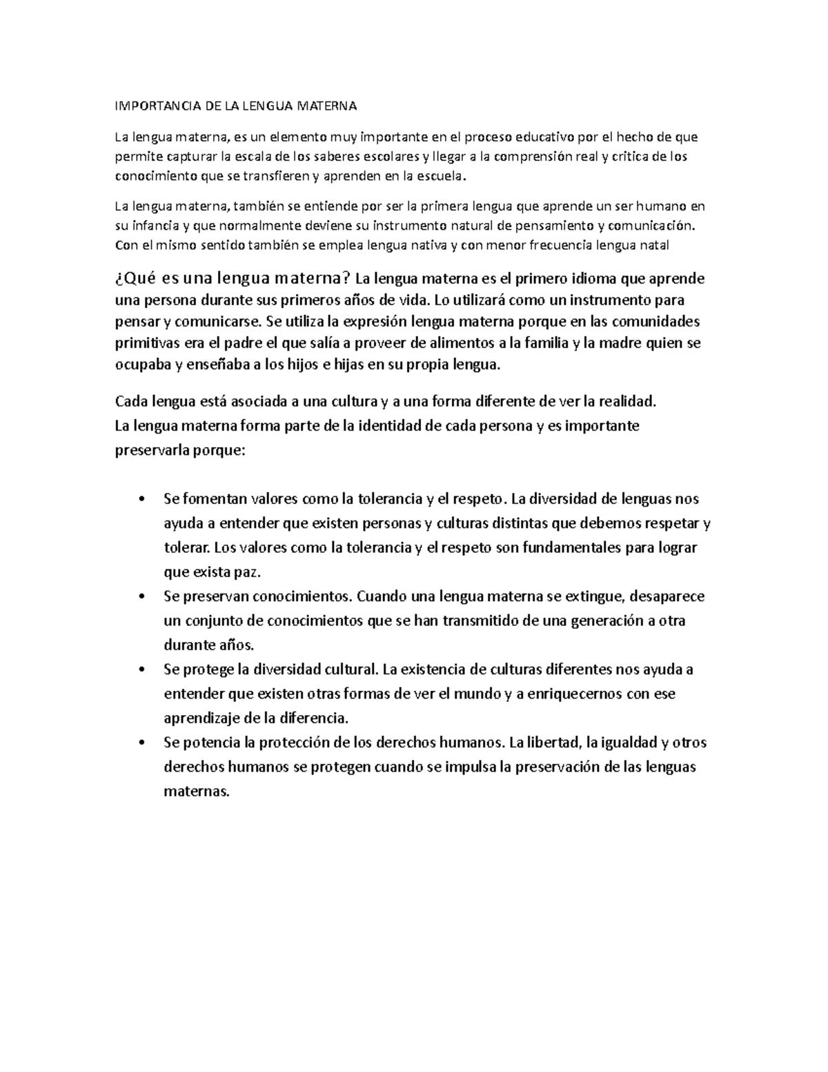 Importancia DE LA Lengua Materna - IMPORTANCIA DE LA LENGUA MATERNA La ...