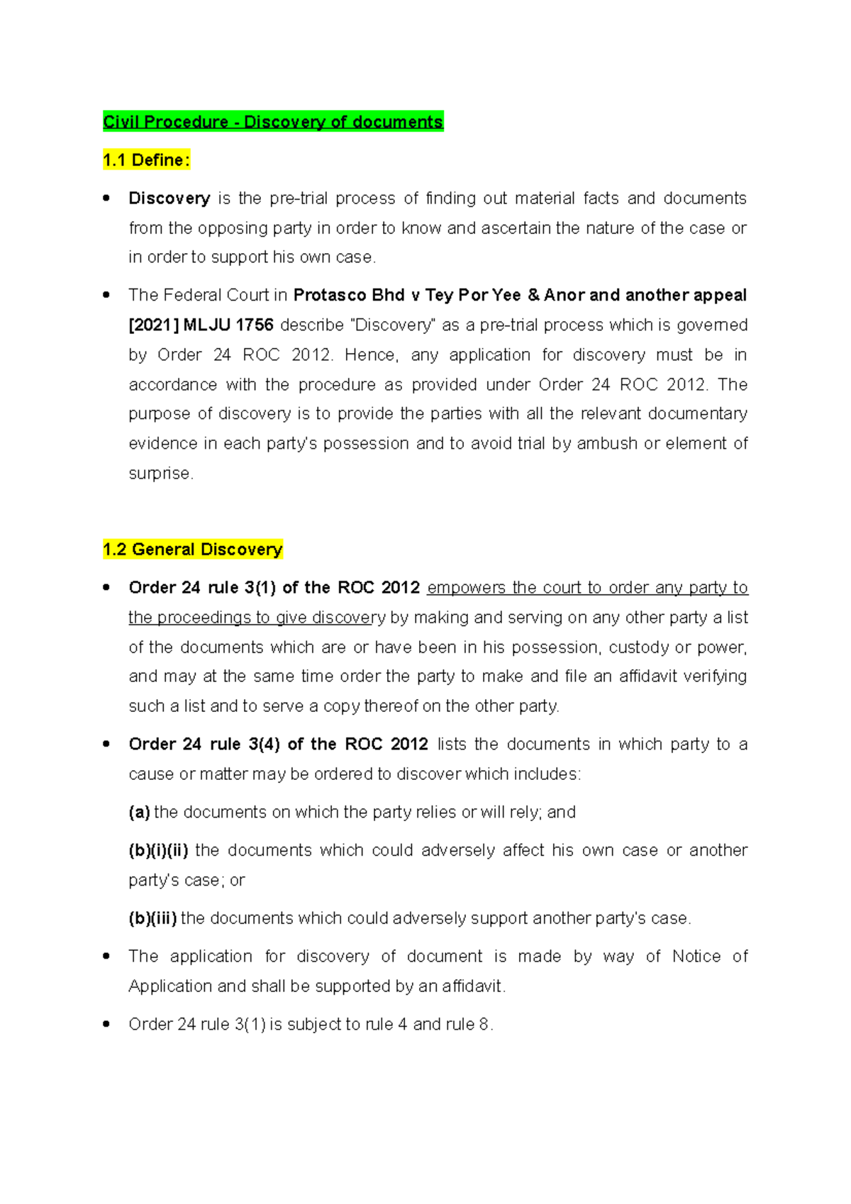 Civil Procedure Notes Discovery of Documents Civil Procedure