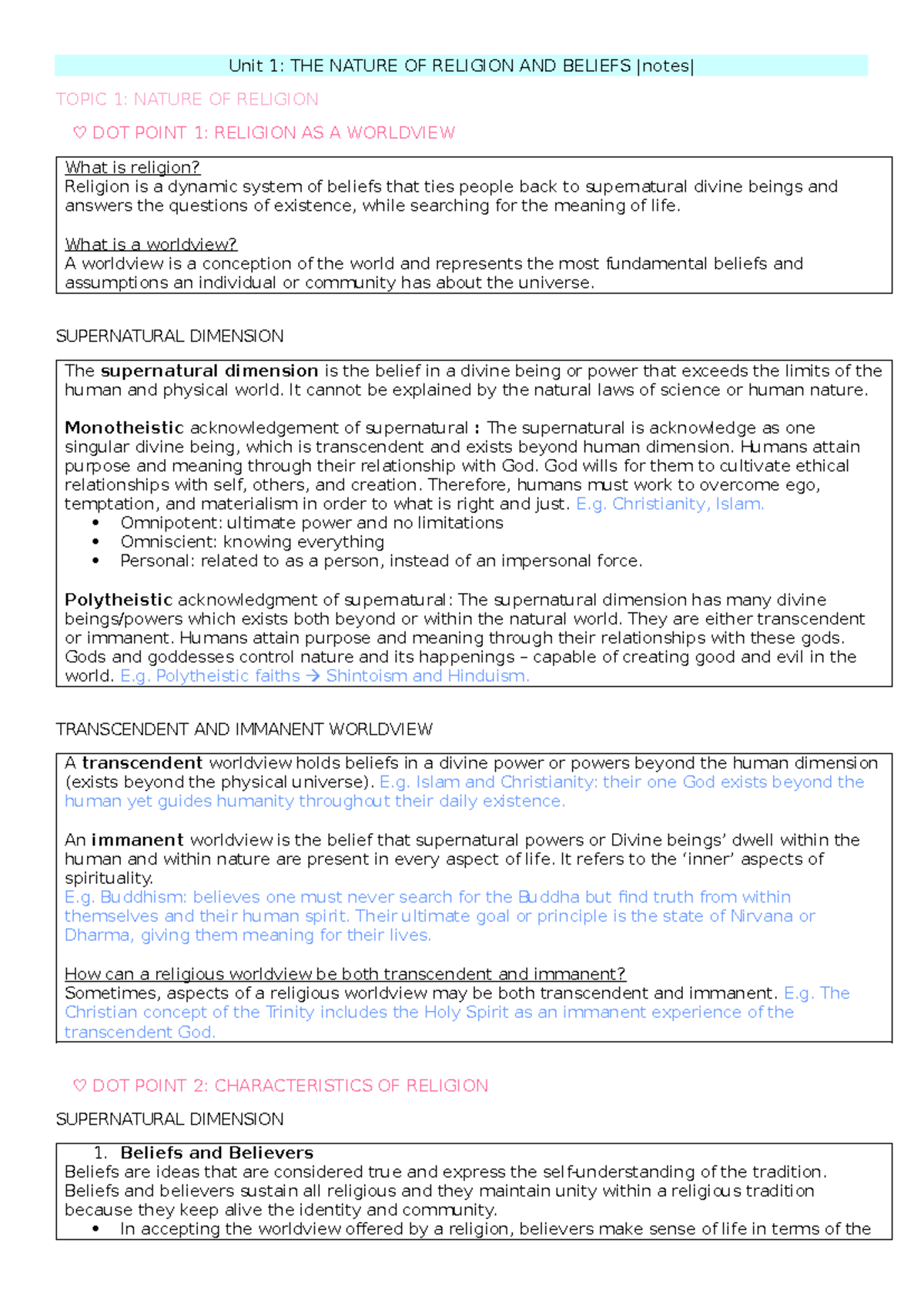 Religion Notes - Final - Unit 1: THE NATURE OF RELIGION AND BELIEFS ...