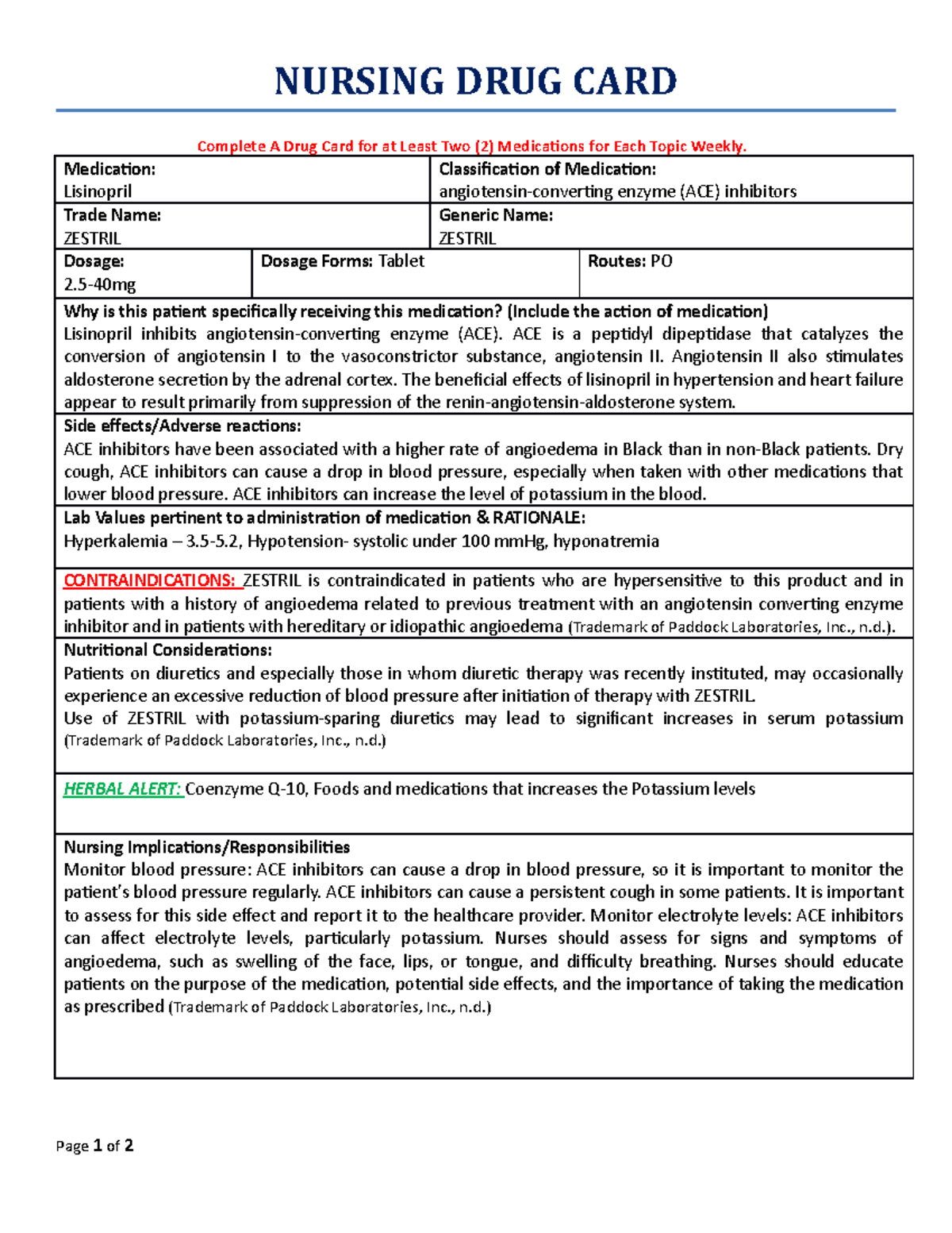 ACE Inhibitor Nursing Drug Card NURSING DRUG CARD Complete A Drug