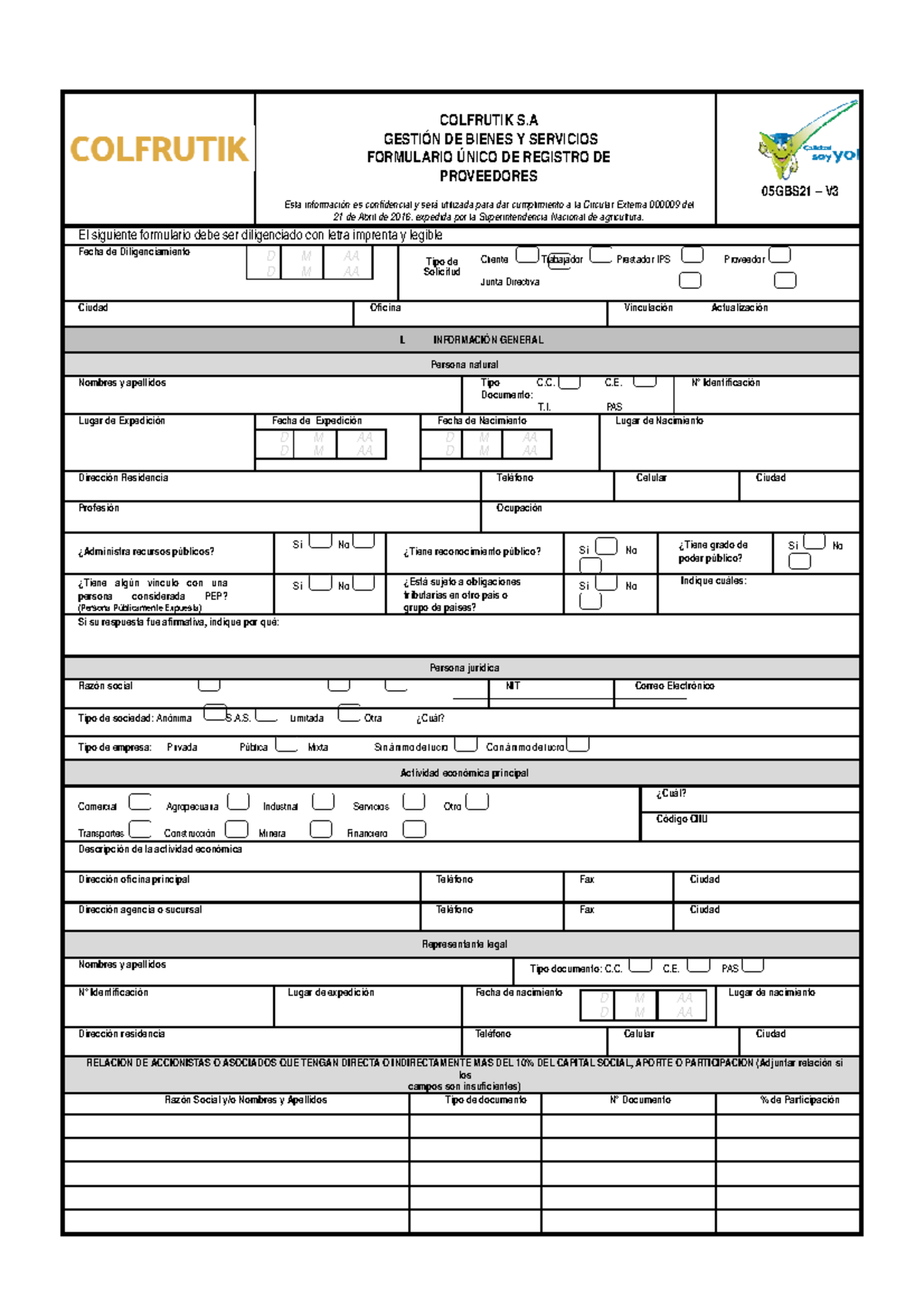 Formulario Unico DE Registro DE Proveedores - COLFRUTIK S GESTIÓN DE ...